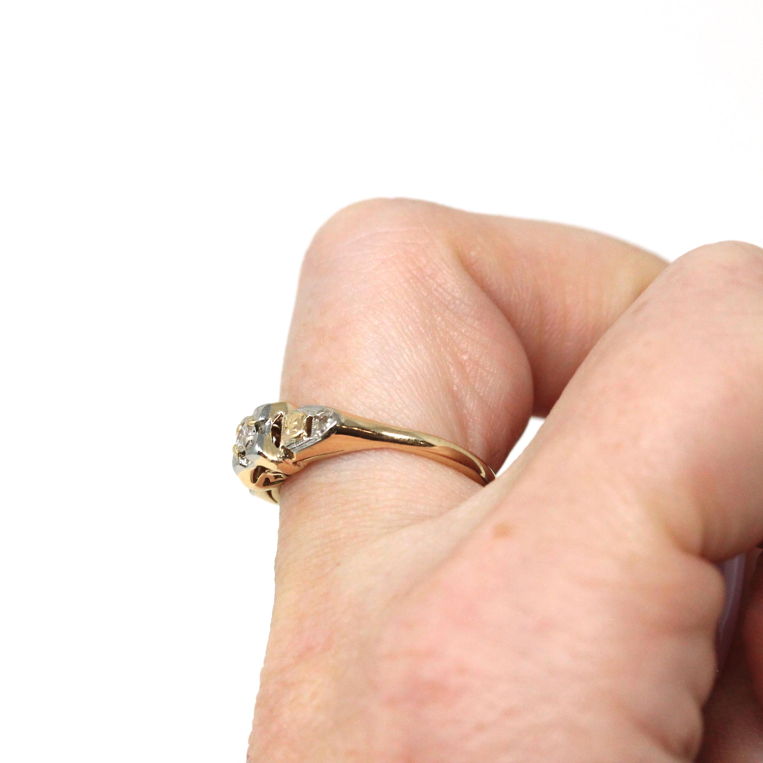 Vintage Diamond Ring - 14k Yellow Gold Round .10 CTW Three Stone Engagement - Retro 40s Size 5 1/4 Illusion Head Fine Engagement Jewelry