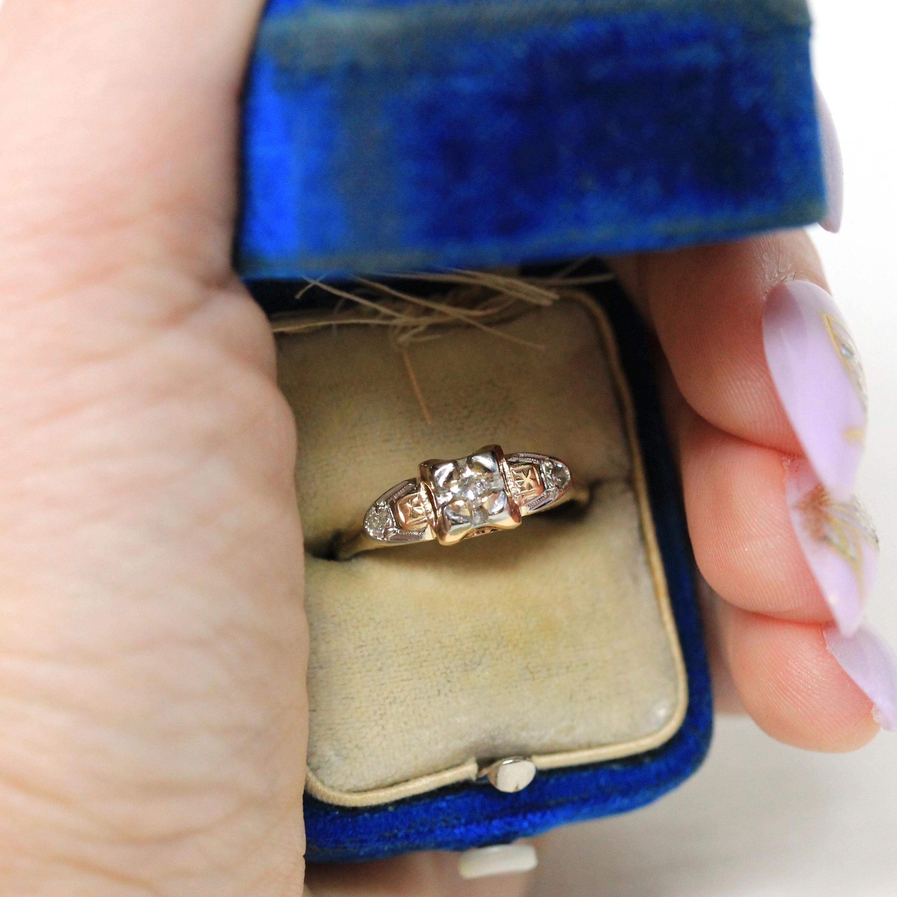 Vintage Diamond Ring - 14k Yellow Gold Round .10 CTW Three Stone Engagement - Retro 40s Size 5 1/4 Illusion Head Fine Engagement Jewelry