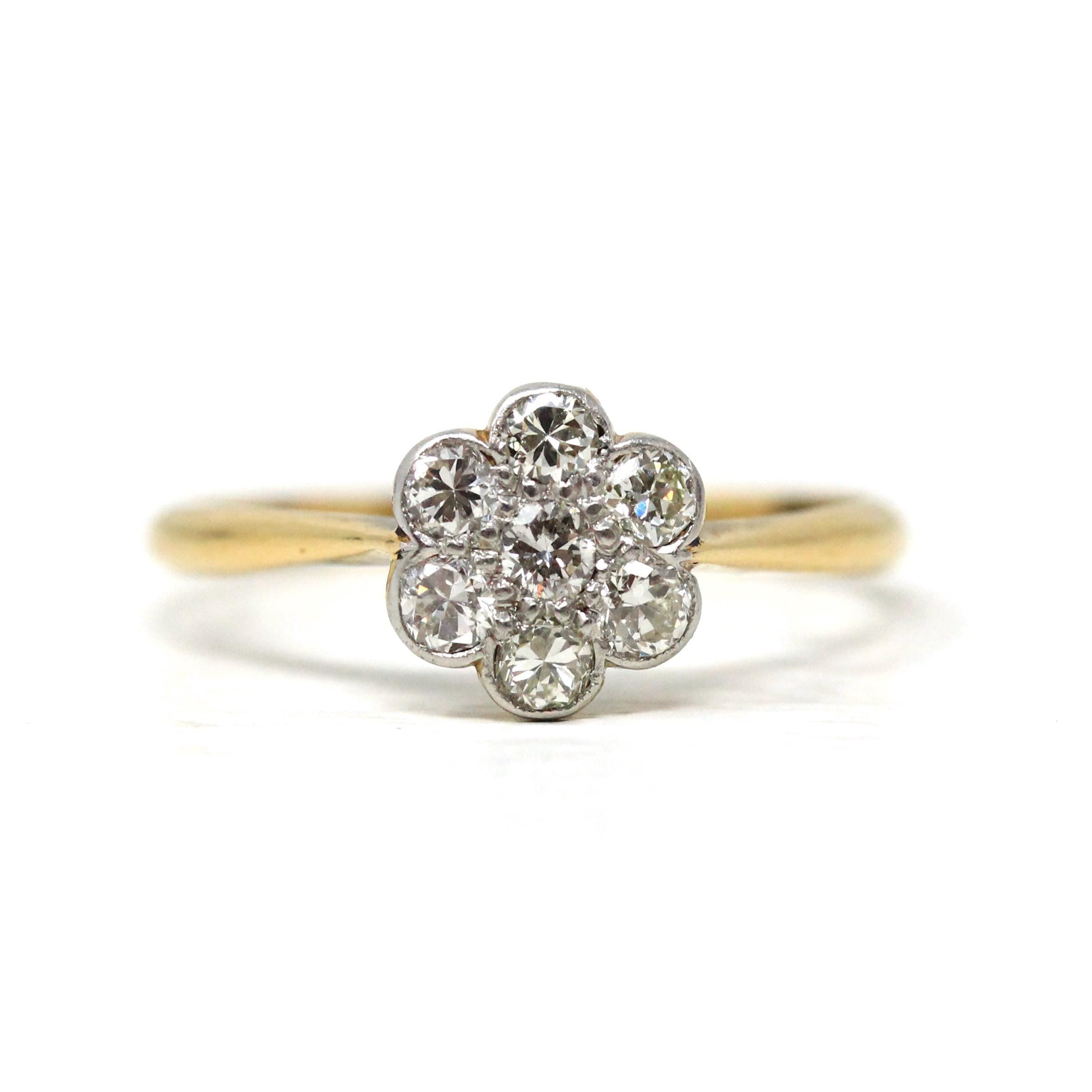 Diamond Flower Ring - Retro 18k Yellow Gold & Platinum Natural Gemstones - Vintage Circa 1940s Era Size 5 3/4 Cluster Fine Floral Jewelry