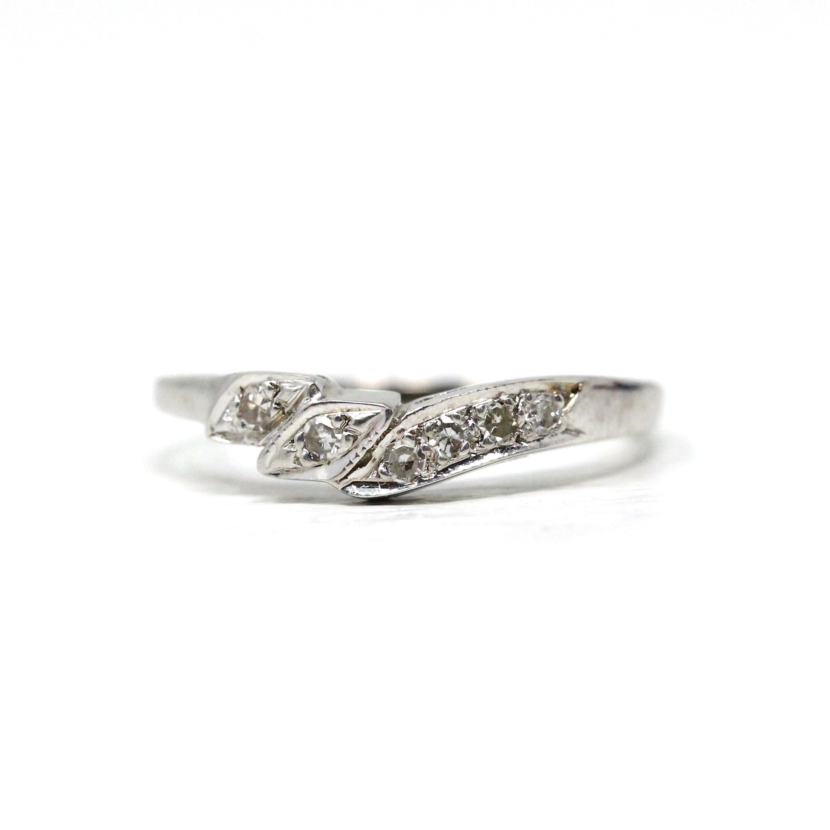 Mid Century Wedding Band - Vintage 14k White Gold 0.12 CTW Six Round Single Cut Diamond Ring - Circa 1950s Size 7 Fine Bridal Jewelry