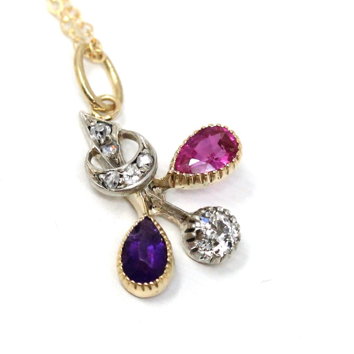 Multi Gemstone Charm - Victorian 18k Yellow Gold Pink Sapphire Amethyst & Diamond 0.22 CTW Necklace - Circa 1890s Era Fine Statement Jewelry