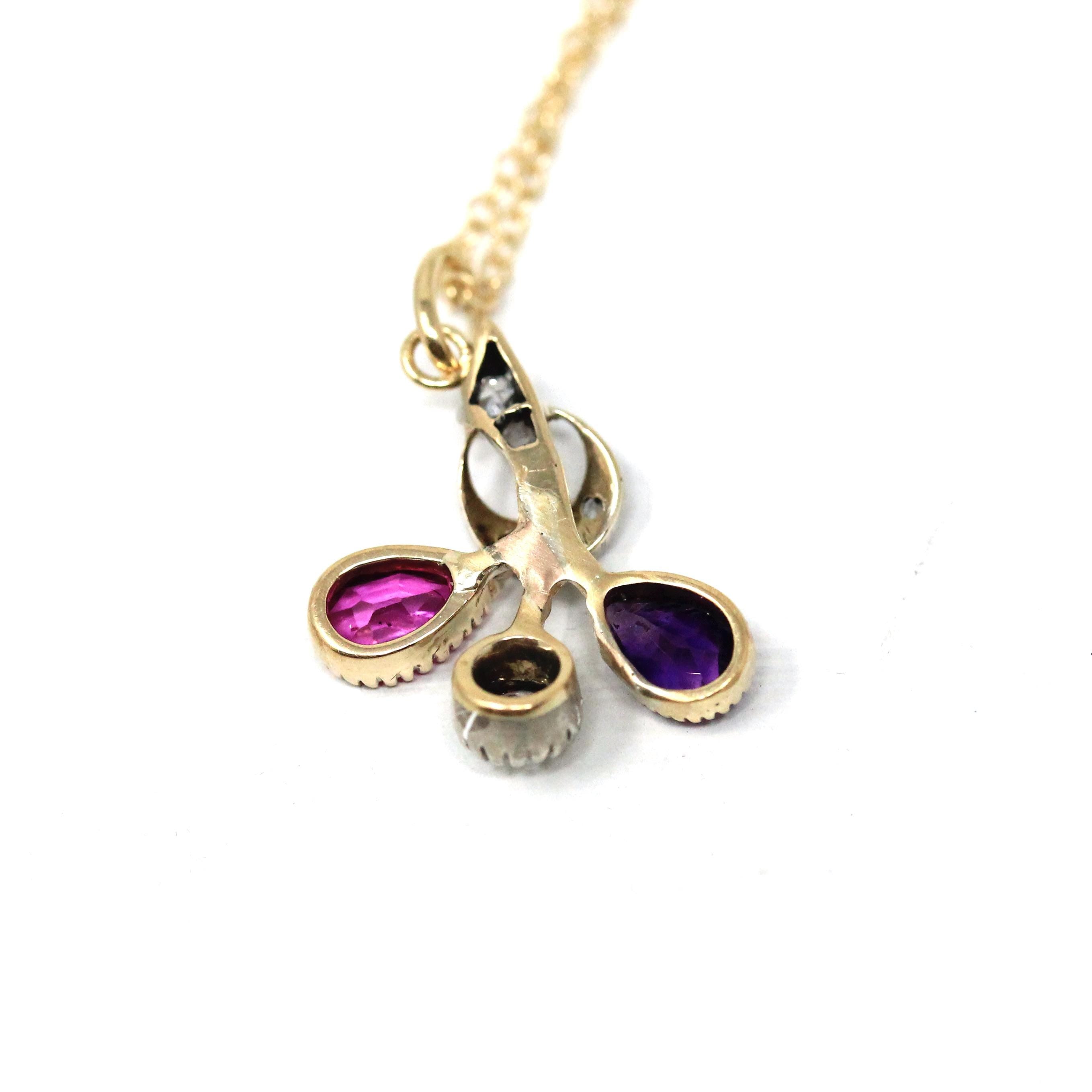 Multi Gemstone Charm - Victorian 18k Yellow Gold Pink Sapphire Amethyst & Diamond 0.22 CTW Necklace - Circa 1890s Era Fine Statement Jewelry