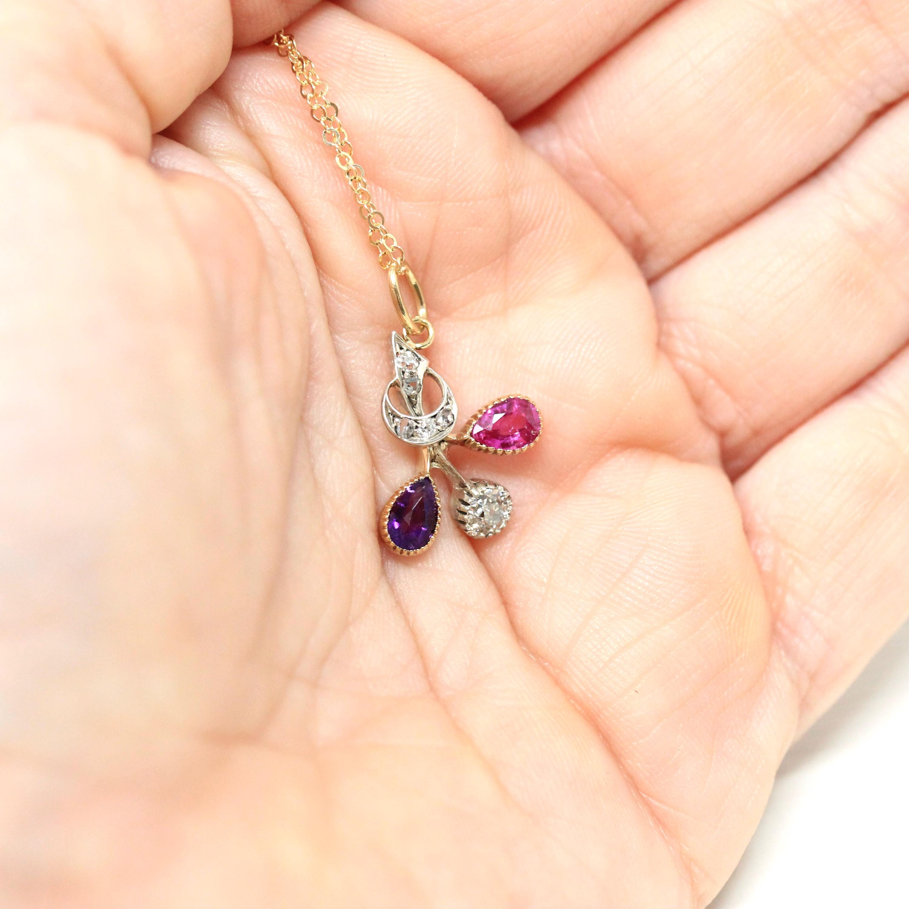 Multi Gemstone Charm - Victorian 18k Yellow Gold Pink Sapphire Amethyst & Diamond 0.22 CTW Necklace - Circa 1890s Era Fine Statement Jewelry