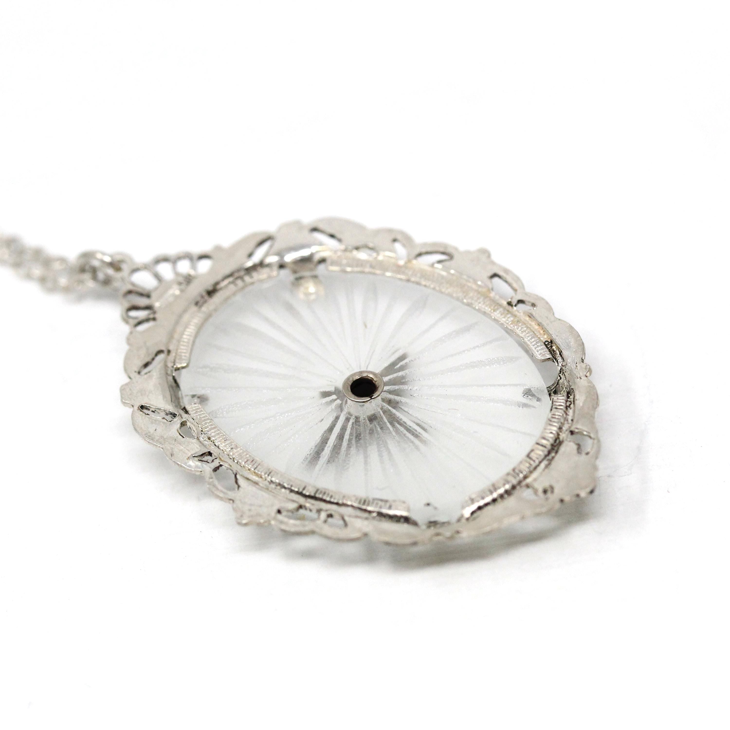 Vintage Aviation Pendant - Retro Sterling Silver Prop And Wings Filigree Flower Necklace - Circa 1940s Era Statement Camphor Glass Jewelry