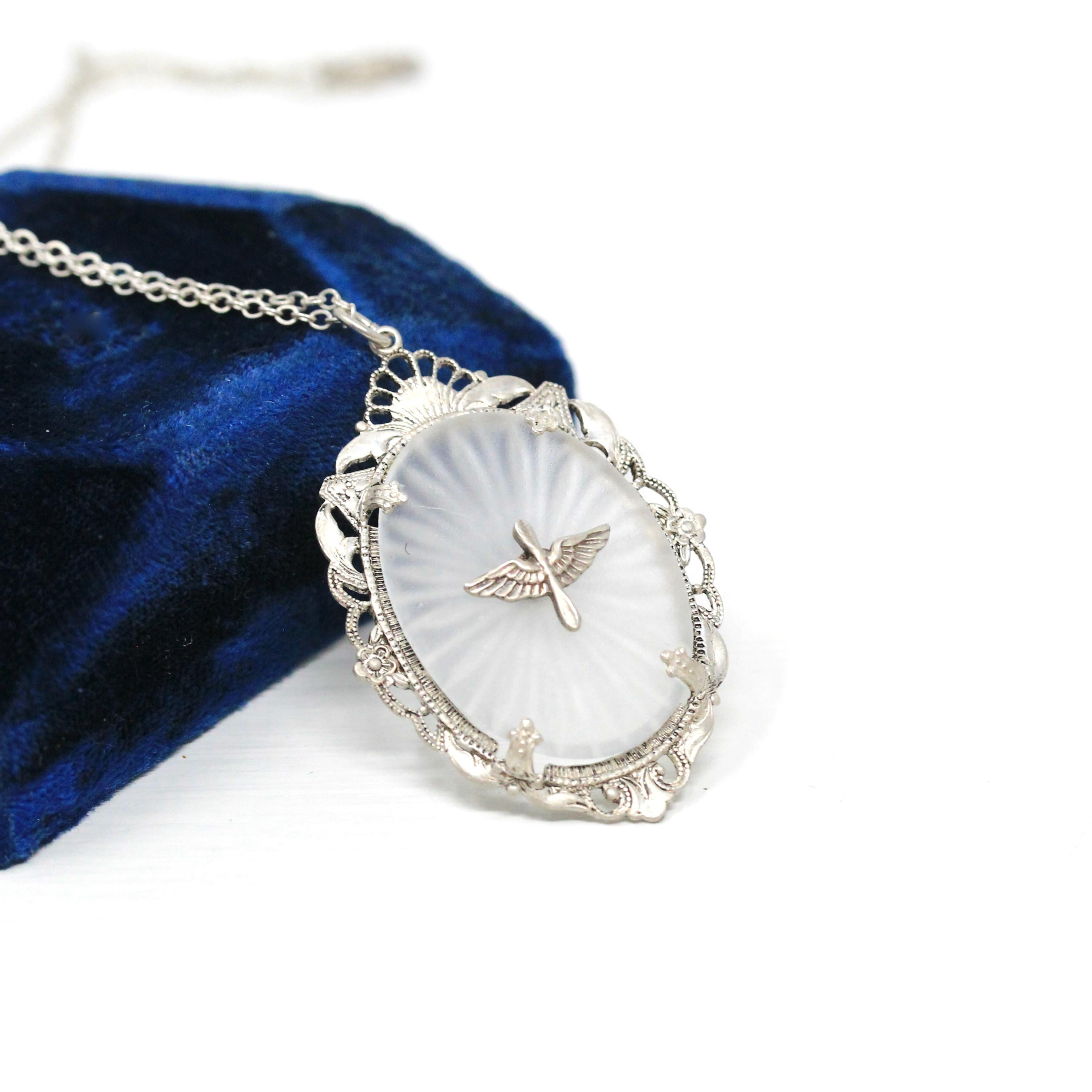 Vintage Aviation Pendant - Retro Sterling Silver Prop And Wings Filigree Flower Necklace - Circa 1940s Era Statement Camphor Glass Jewelry