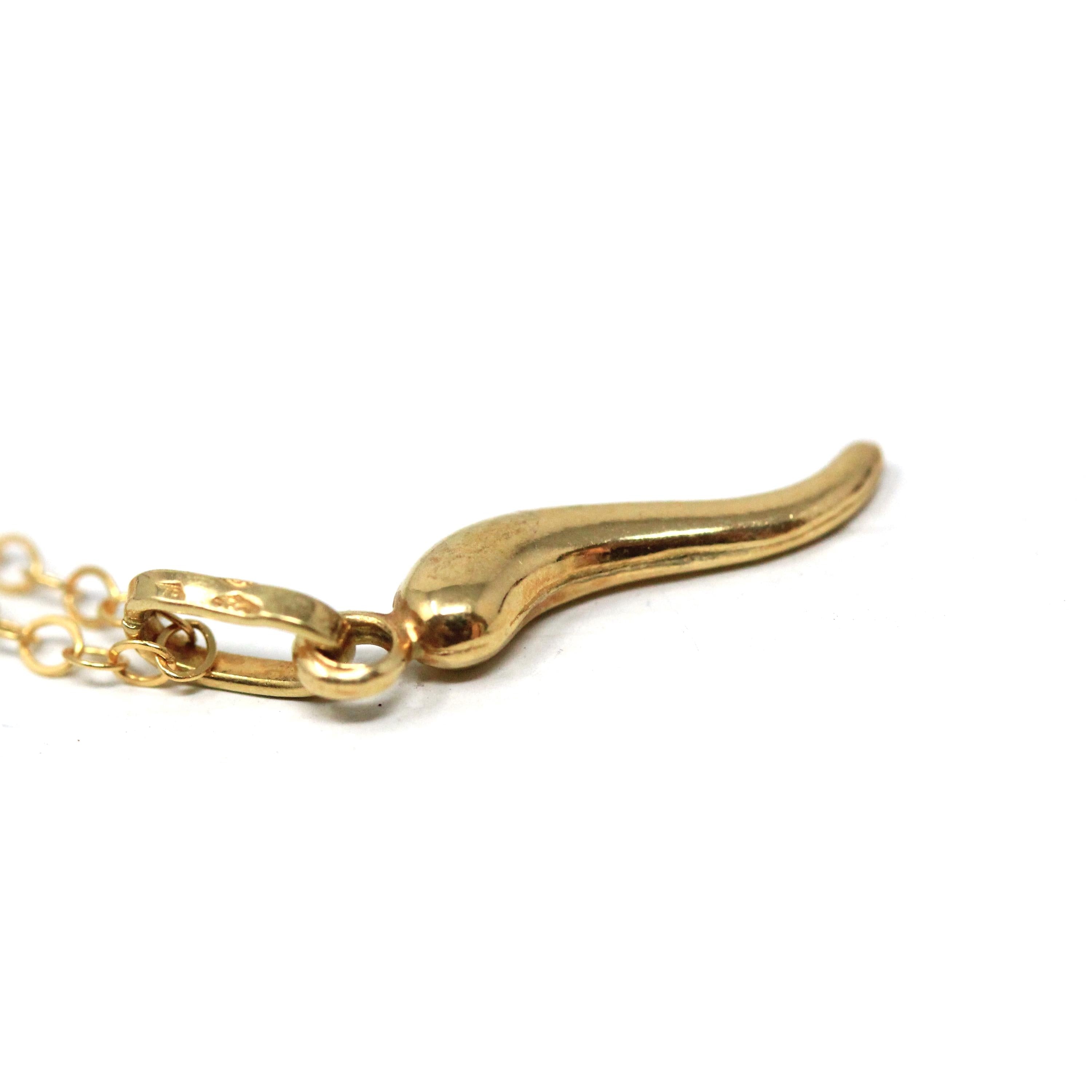 Italian Horn Charm - Retro 18k Yellow Gold Italy Cornicello Good Luck Pendant Necklace - Vintage Circa 1970s Ward Off Evil Amulet Jewelry