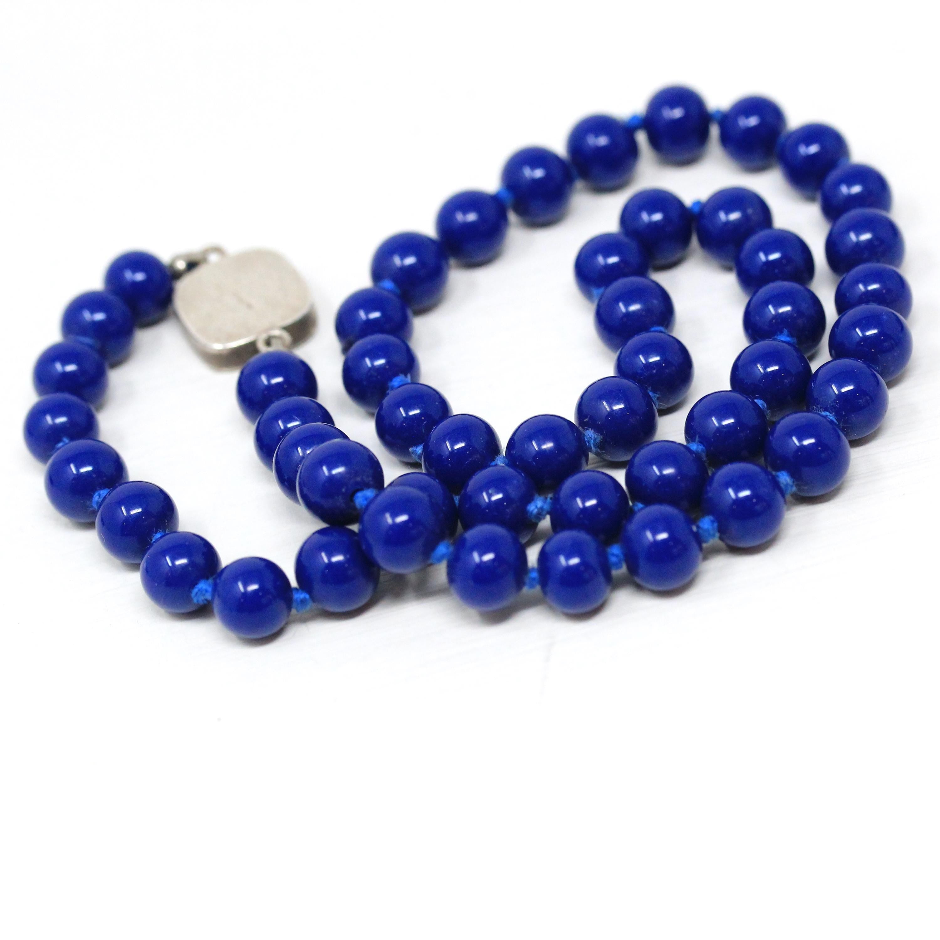 Vintage Beaded Necklace - Retro Sterling Silver Blue Round Glass Beads - Circa 1960s Era 17" Inch Statement Fashion Accessory 60s Jewelry