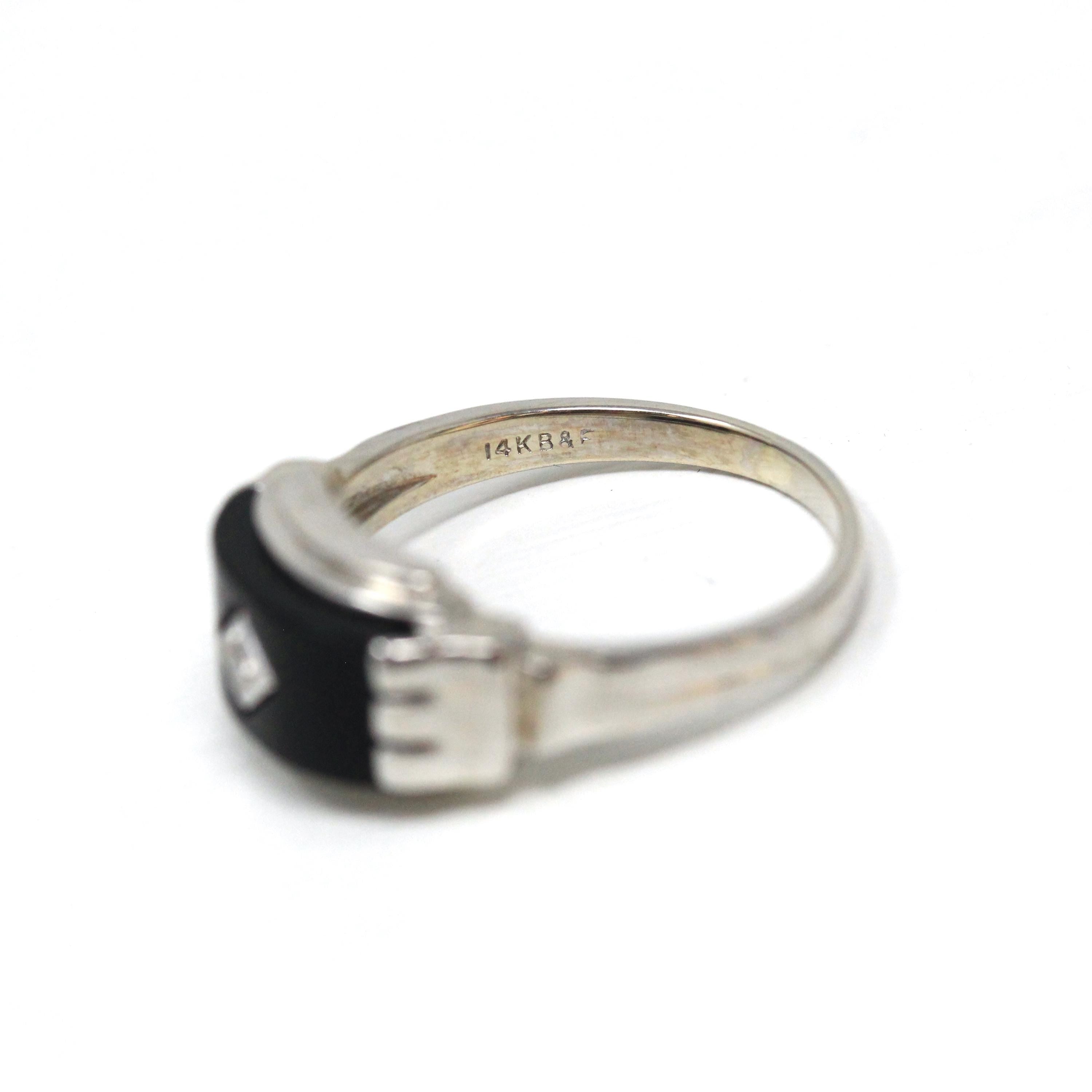 Onyx & Diamond Ring - Retro 14k White Gold Black Chalcedony Gemstone Band - Vintage Circa 1960s Era Size 7 Statement Baden Foss Fine Jewelry