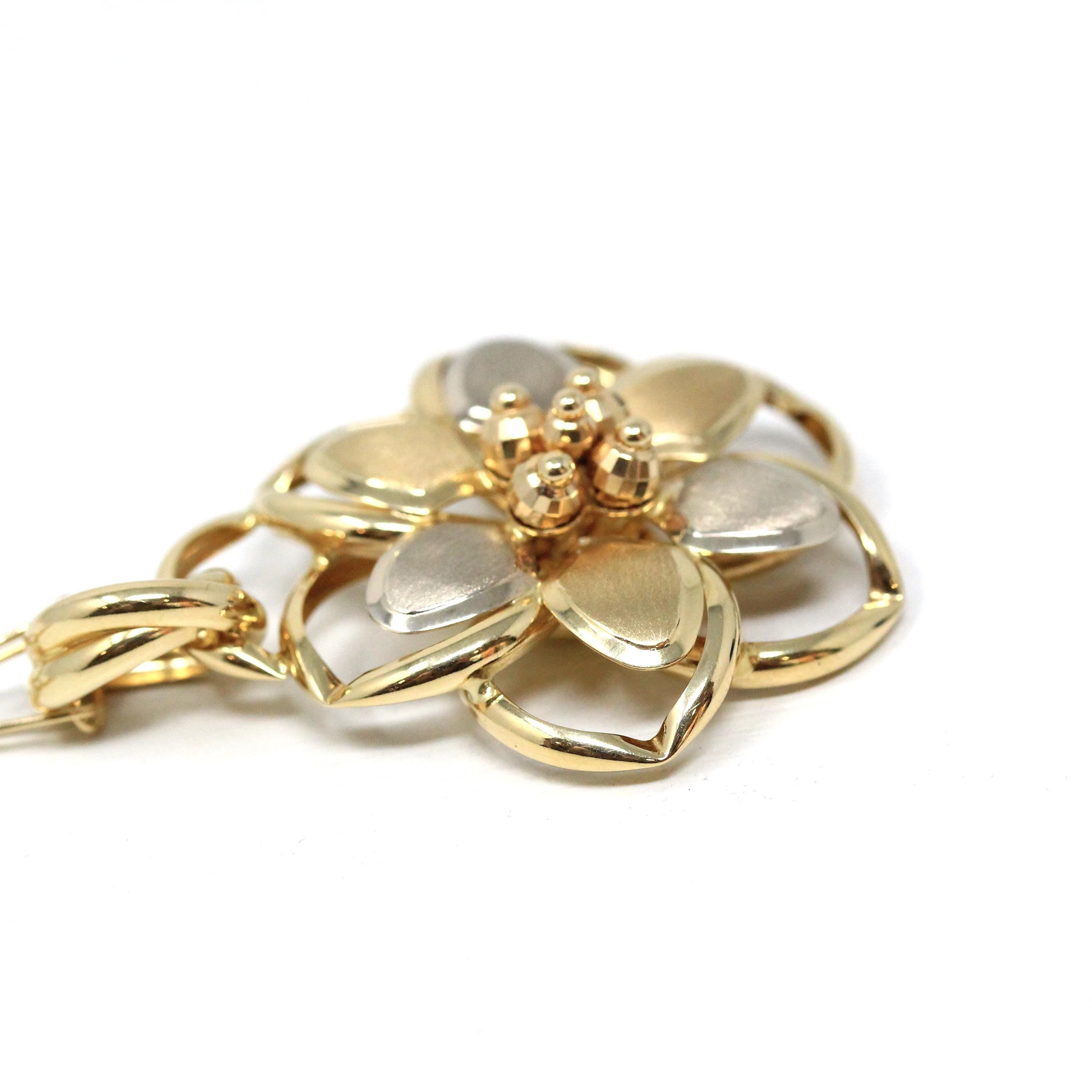 Modern Flower Necklace - Estate 14k 585 Yellow Gold Floral Pendant Charm - Circa 2000s Era Two Tone Statement Italian Italy Fine Jewelry
