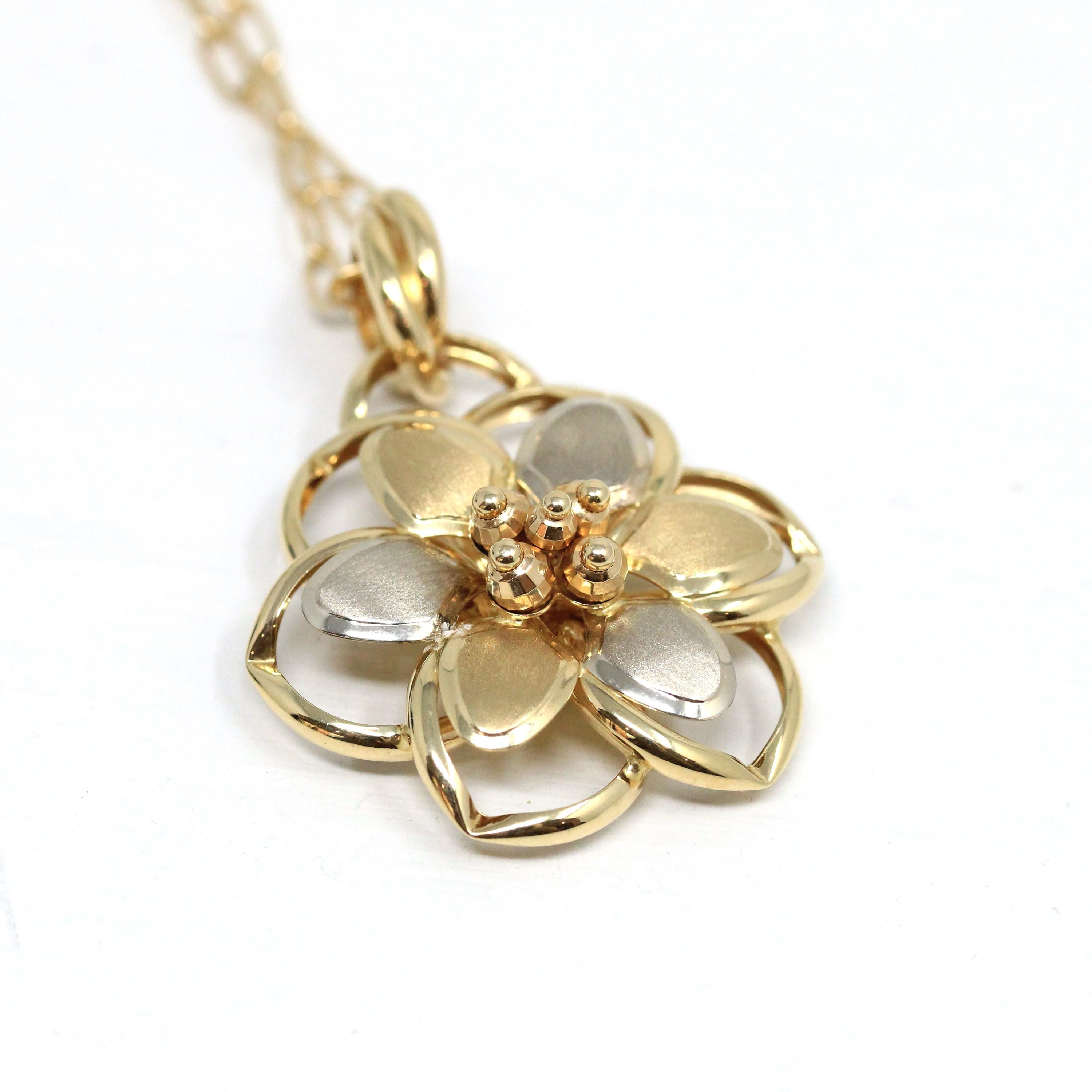 Modern Flower Necklace - Estate 14k 585 Yellow Gold Floral Pendant Charm - Circa 2000s Era Two Tone Statement Italian Italy Fine Jewelry