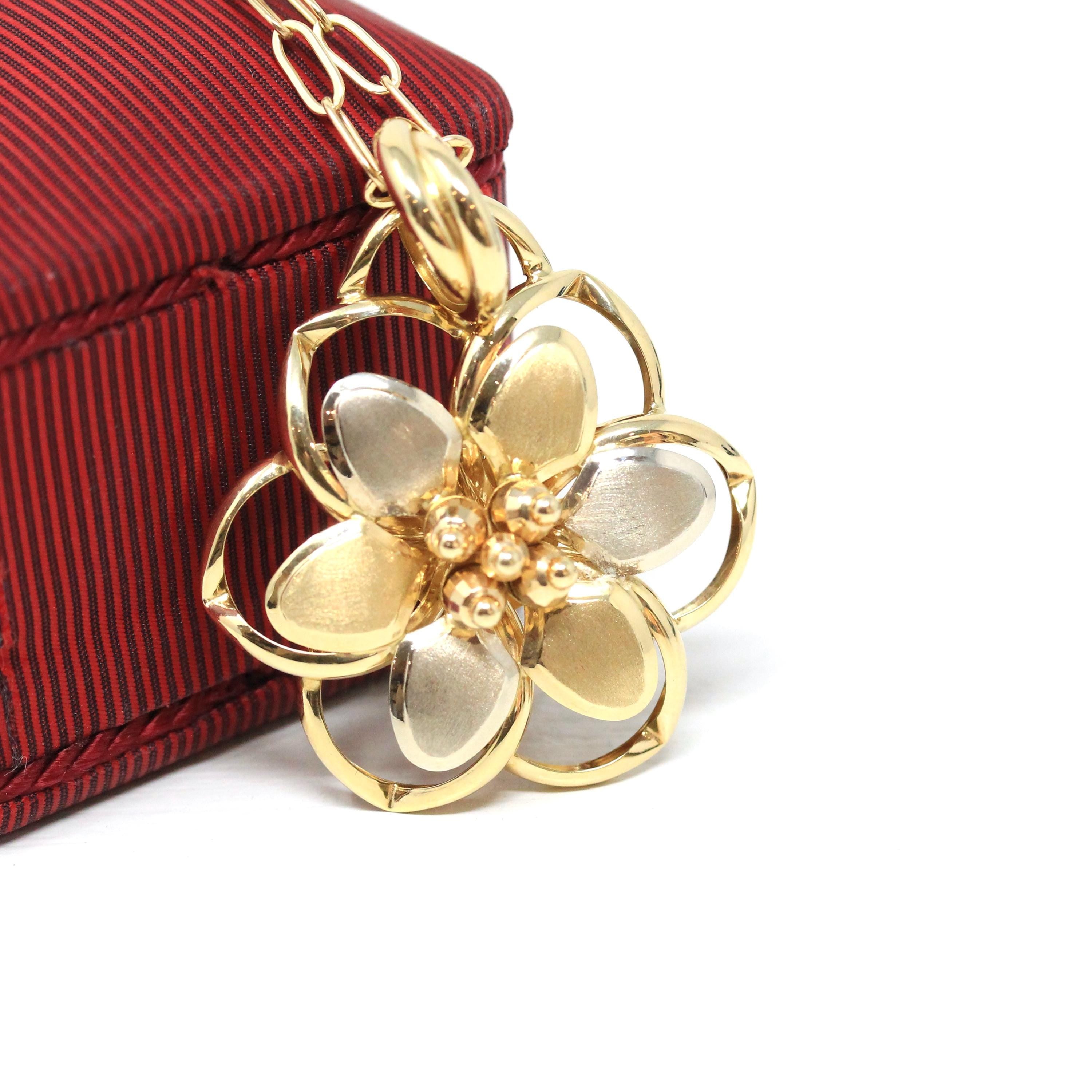 Modern Flower Necklace - Estate 14k 585 Yellow Gold Floral Pendant Charm - Circa 2000s Era Two Tone Statement Italian Italy Fine Jewelry