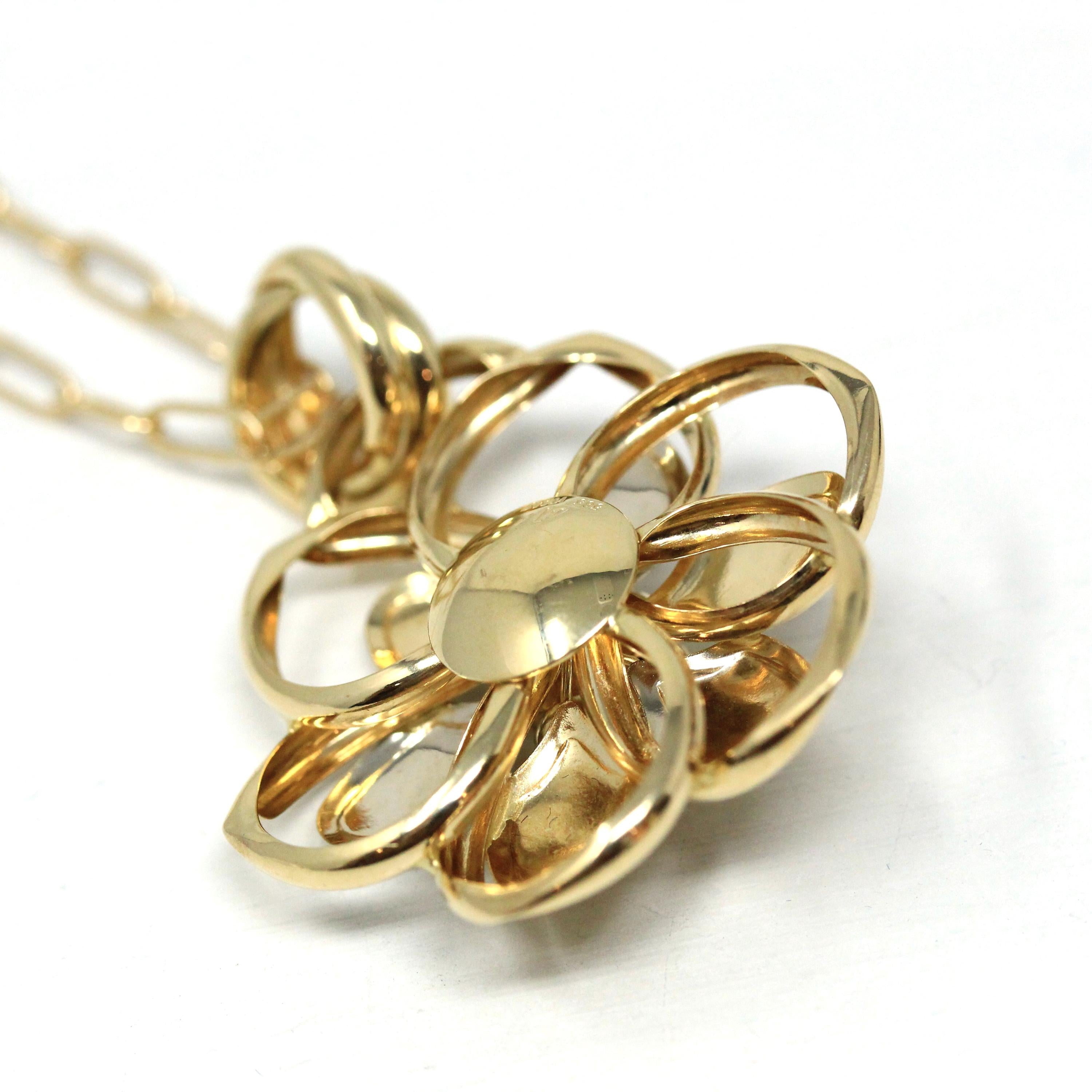 Modern Flower Necklace - Estate 14k 585 Yellow Gold Floral Pendant Charm - Circa 2000s Era Two Tone Statement Italian Italy Fine Jewelry