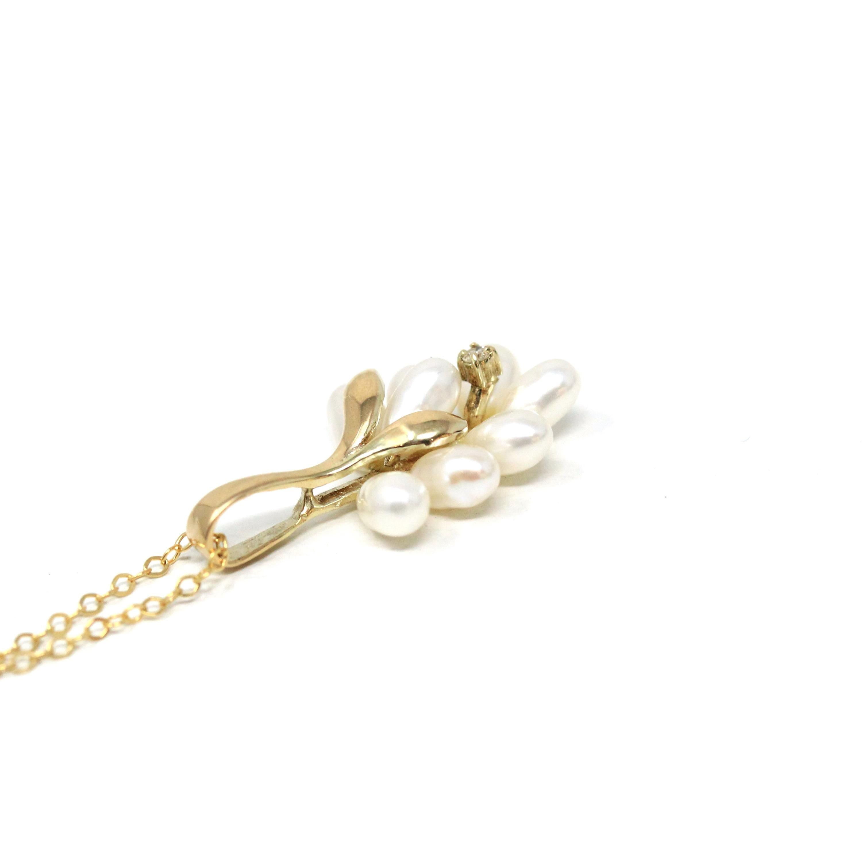 Grape Cluster Necklace - Modern 14k Yellow Gold Diamond & Fresh Water Pearls Pendant Charm - Estate Era Circa 2000's Era Dainty Fine Jewelry