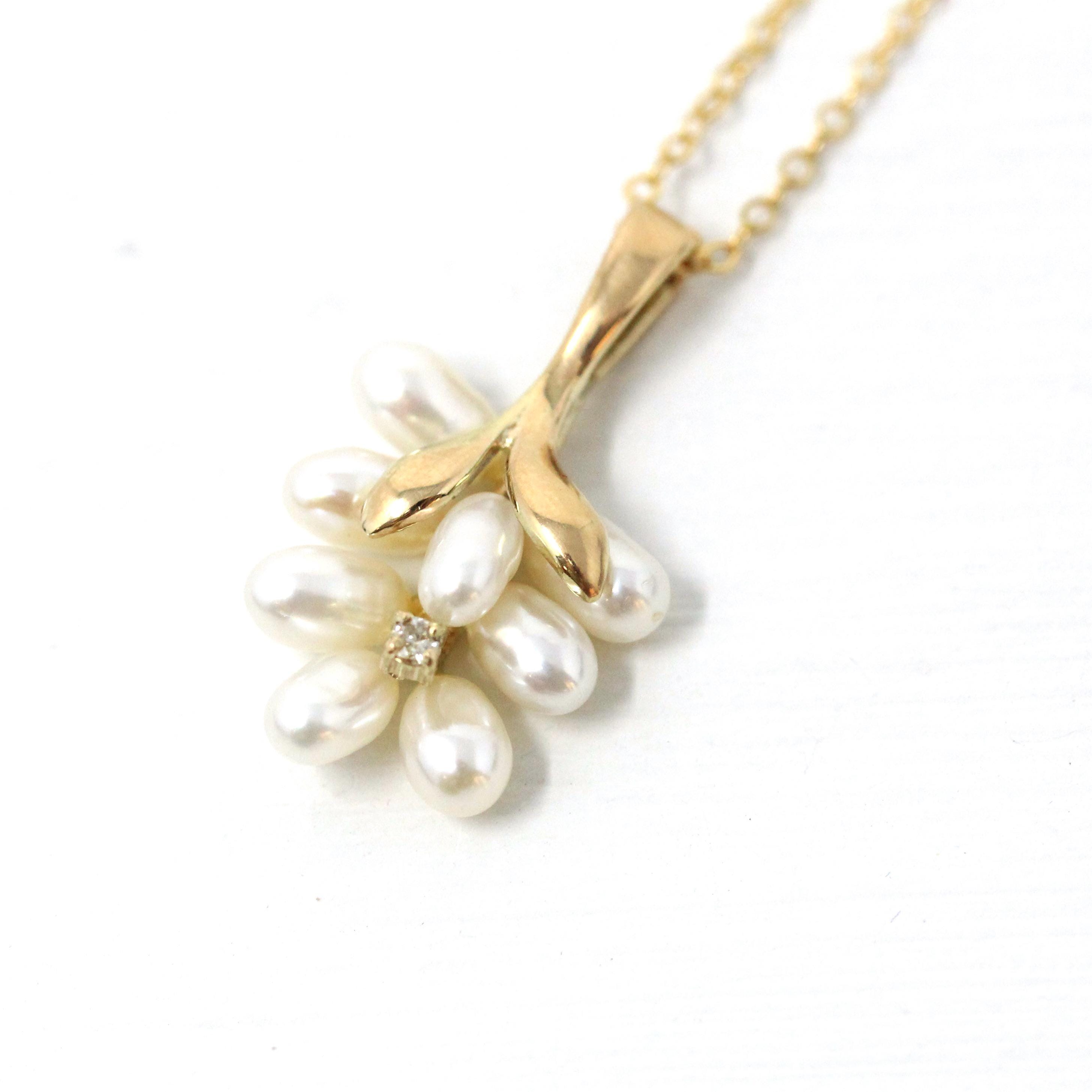 Grape Cluster Necklace - Modern 14k Yellow Gold Diamond & Fresh Water Pearls Pendant Charm - Estate Era Circa 2000's Era Dainty Fine Jewelry