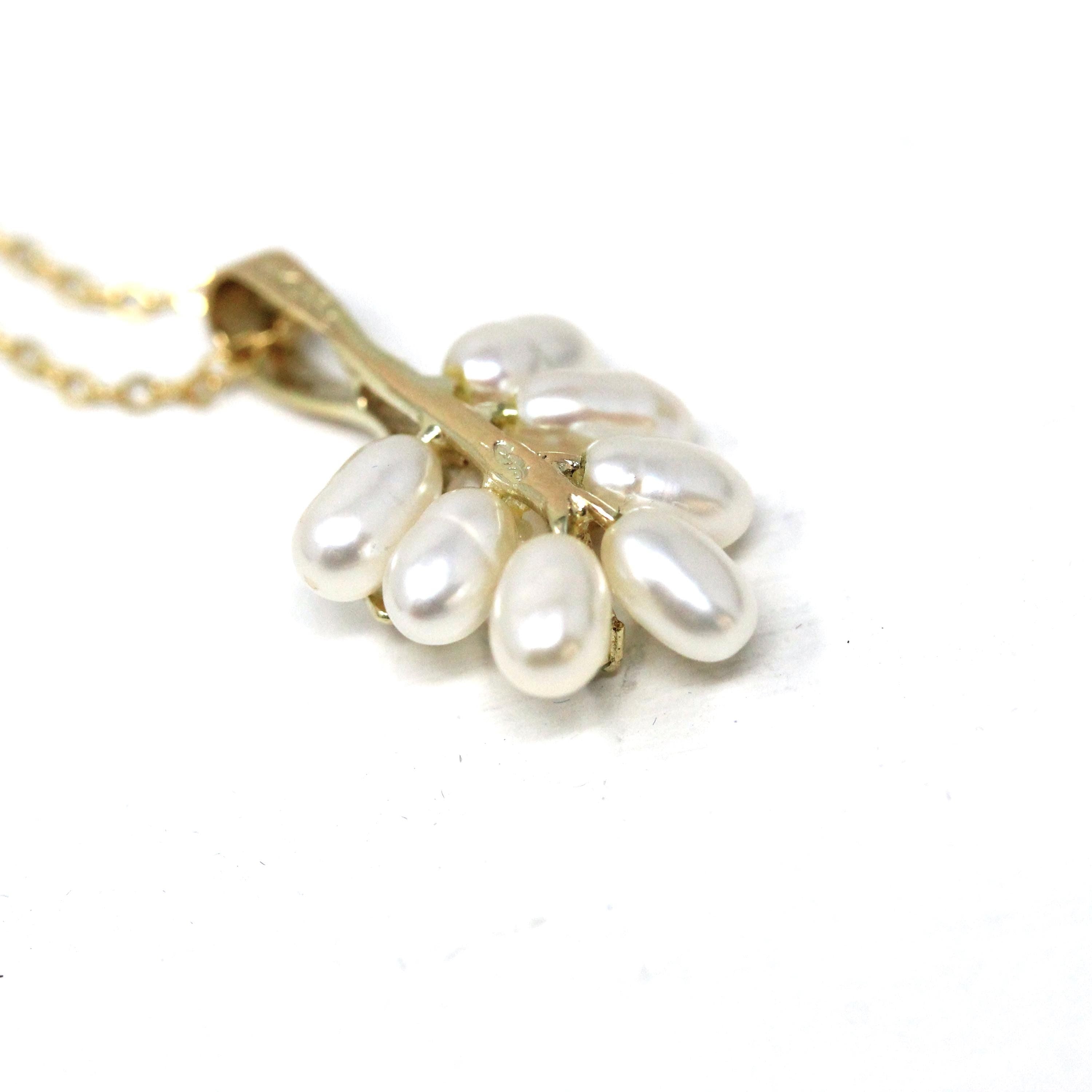Grape Cluster Necklace - Modern 14k Yellow Gold Diamond & Fresh Water Pearls Pendant Charm - Estate Era Circa 2000's Era Dainty Fine Jewelry