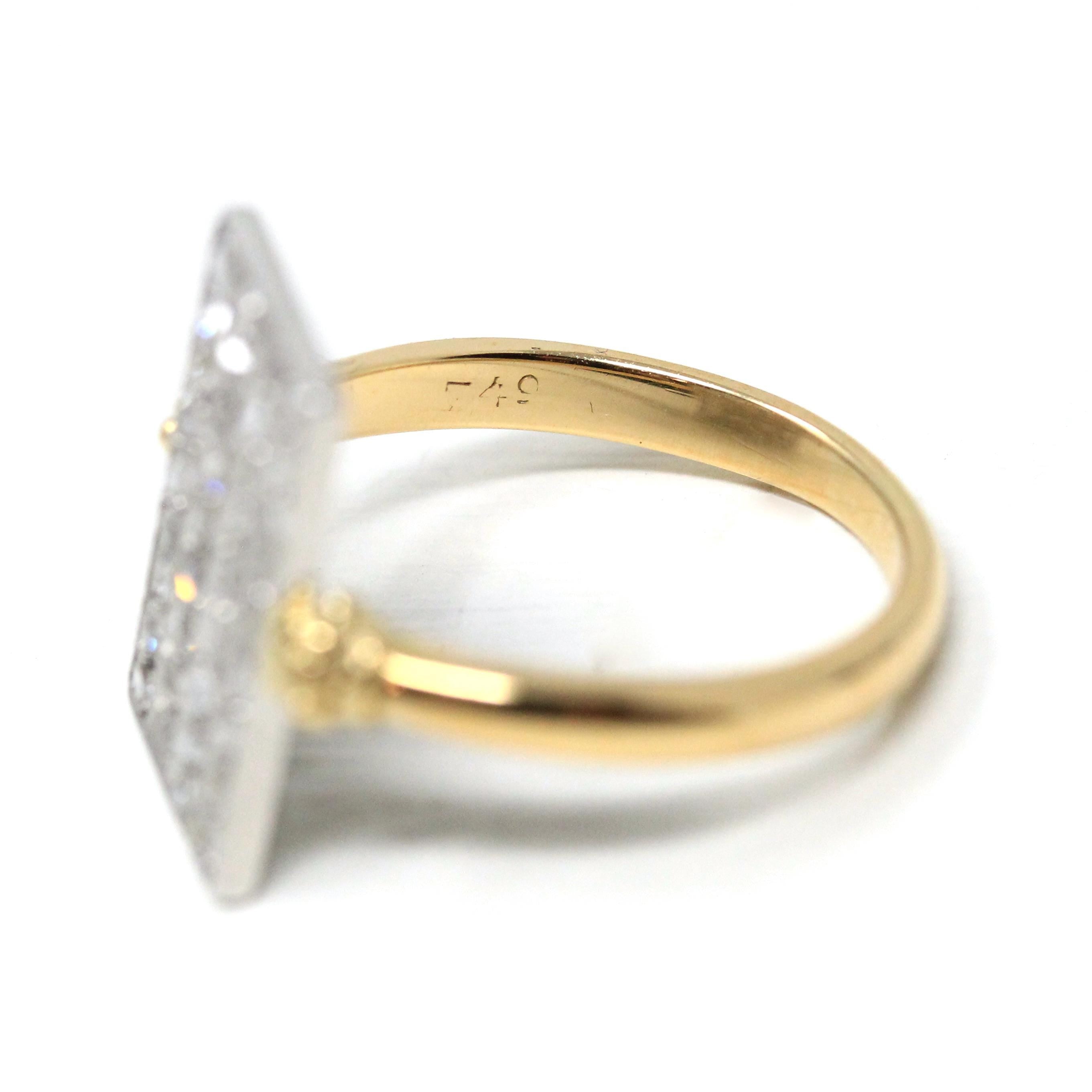 Diamond Shield Ring - Modern 18k Yellow Gold & Platinum Two Tone Natural Rose Cut Gems - Estate Vintage Fine Rectangular Statement Jewelry