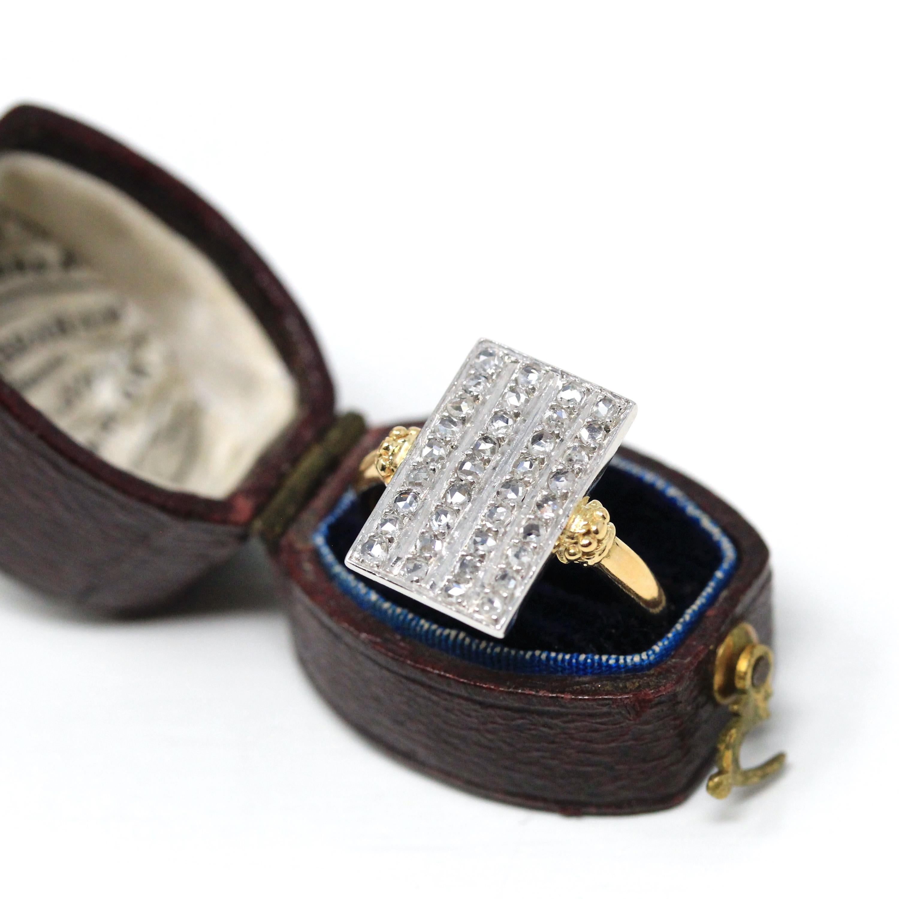 Diamond Shield Ring - Modern 18k Yellow Gold & Platinum Two Tone Natural Rose Cut Gems - Estate Vintage Fine Rectangular Statement Jewelry