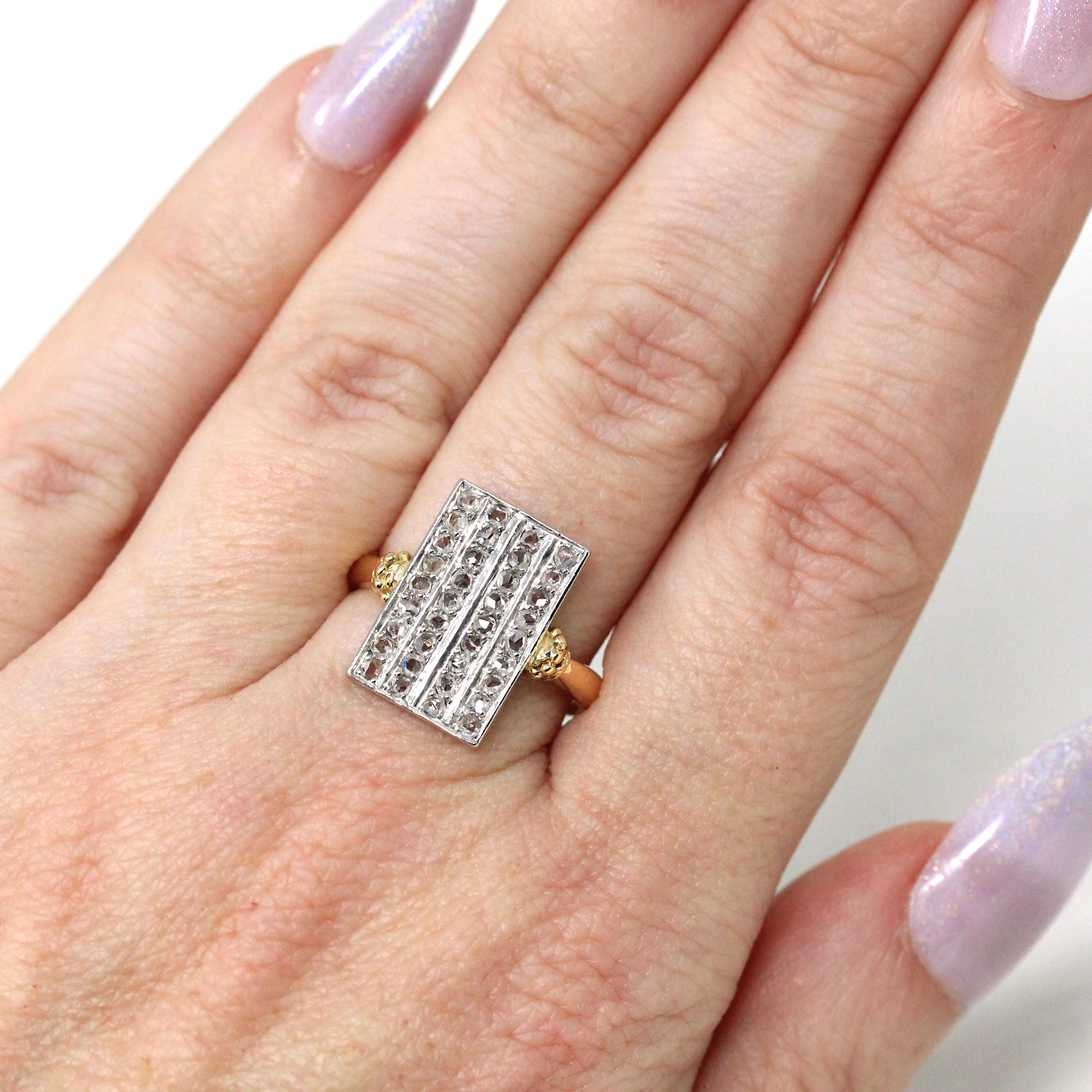 Diamond Shield Ring - Modern 18k Yellow Gold & Platinum Two Tone Natural Rose Cut Gems - Estate Vintage Fine Rectangular Statement Jewelry