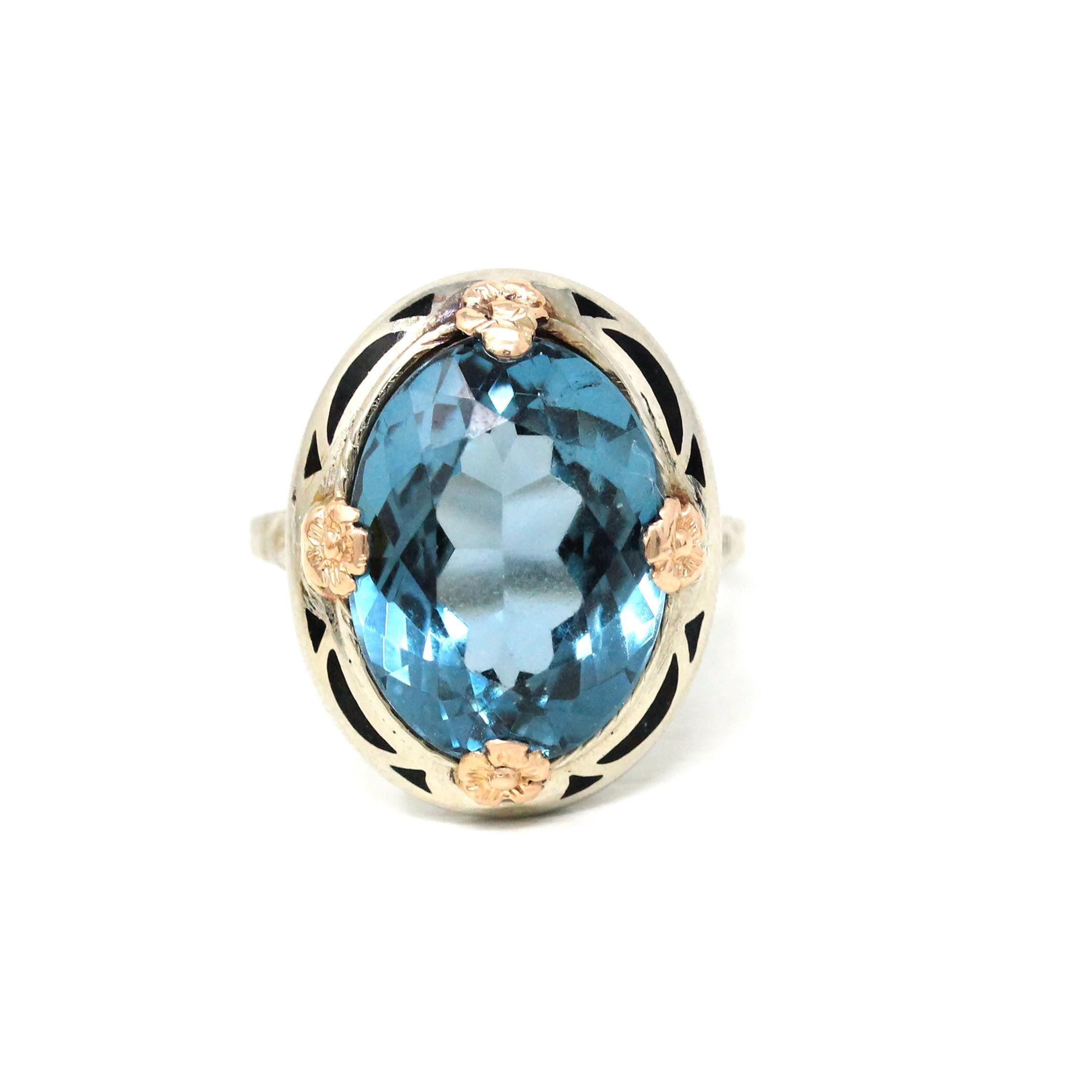 Art Deco Ring - Vintage 14k White Rose Gold Created Blue Spinel Black Enamel Halo Two Tone - Circa 1930s Era Size 6 1/2 Floral Fine Jewelry