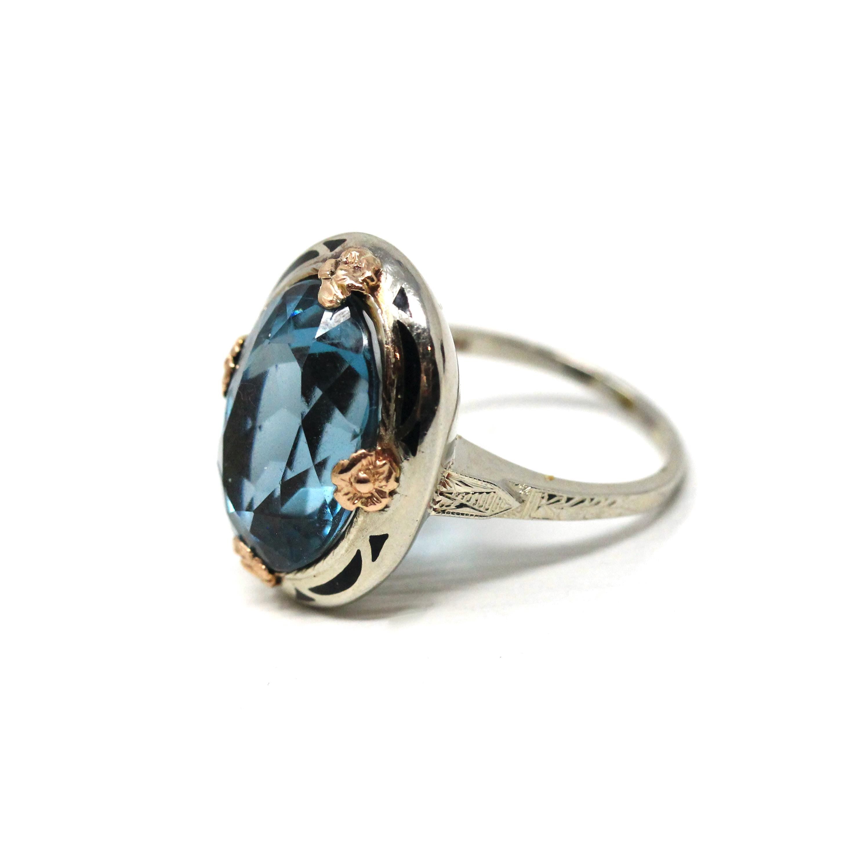 Art Deco Ring - Vintage 14k White Rose Gold Created Blue Spinel Black Enamel Halo Two Tone - Circa 1930s Era Size 6 1/2 Floral Fine Jewelry