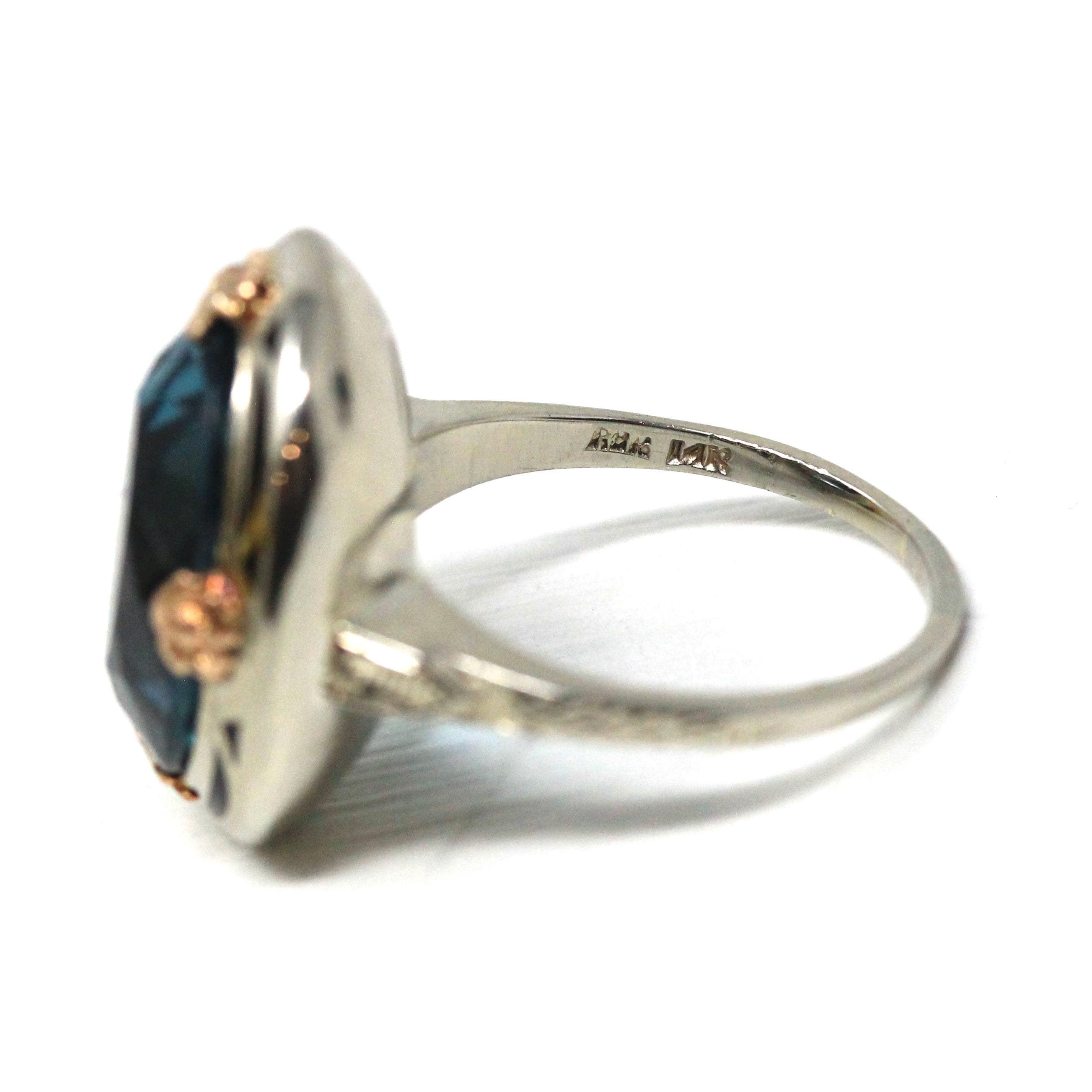 Art Deco Ring - Vintage 14k White Rose Gold Created Blue Spinel Black Enamel Halo Two Tone - Circa 1930s Era Size 6 1/2 Floral Fine Jewelry