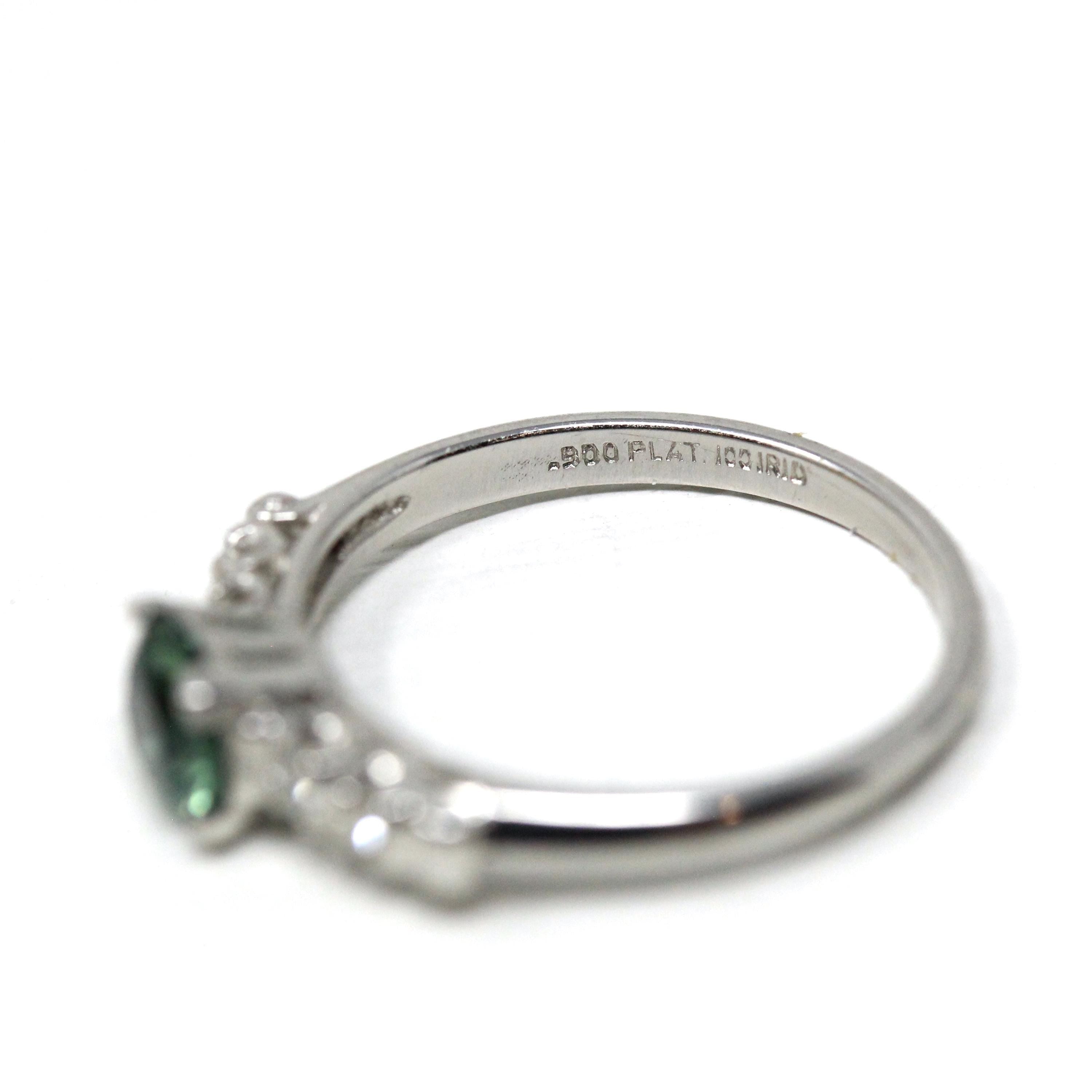 Montana Sapphire & Diamond Ring - Mid Century Platinum Alternative Engagement Natural Green Gemstone - Vintage 1950s Size 5 3/4 Fine Jewelry