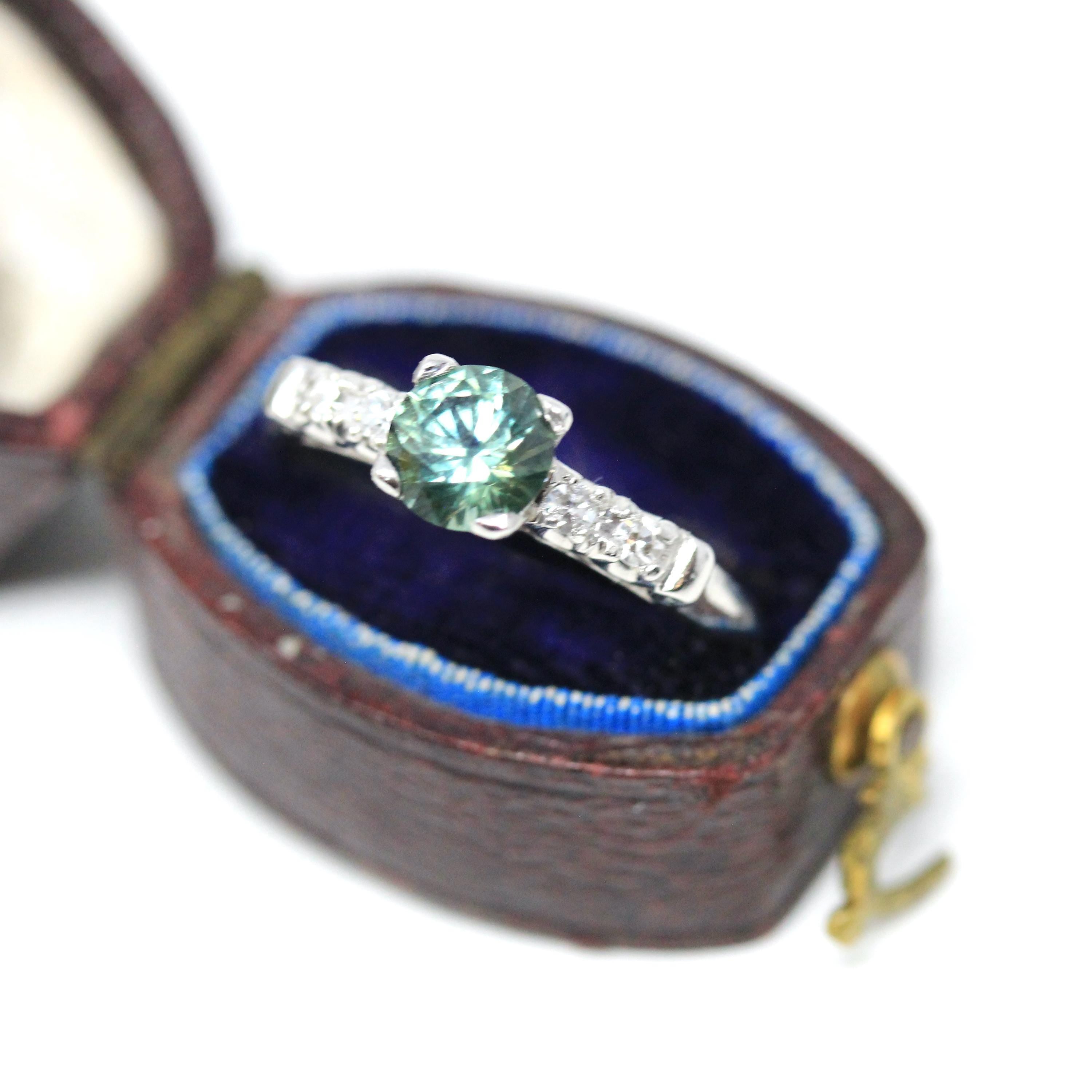 Montana Sapphire & Diamond Ring - Mid Century Platinum Alternative Engagement Natural Green Gemstone - Vintage 1950s Size 5 3/4 Fine Jewelry