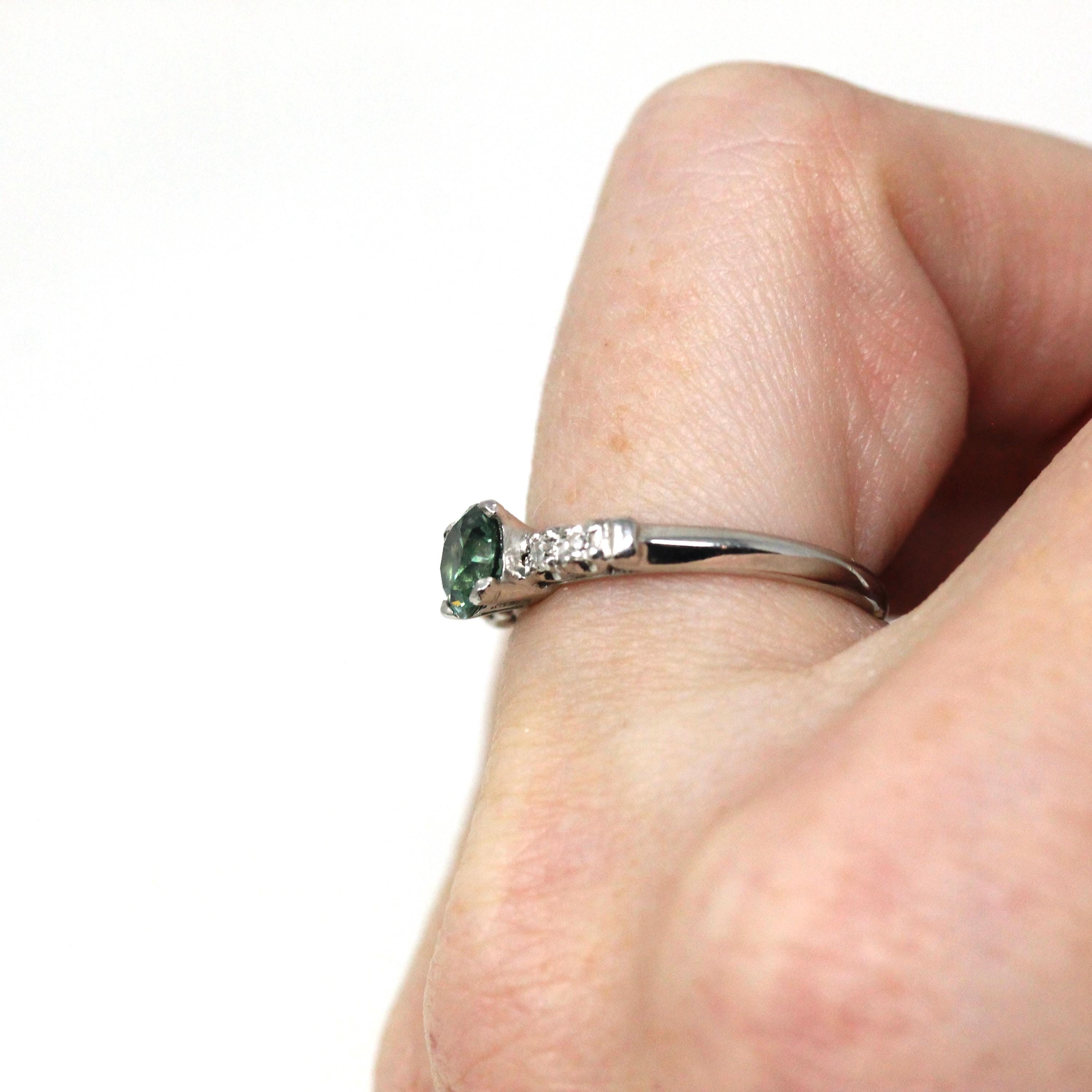 Montana Sapphire & Diamond Ring - Mid Century Platinum Alternative Engagement Natural Green Gemstone - Vintage 1950s Size 5 3/4 Fine Jewelry