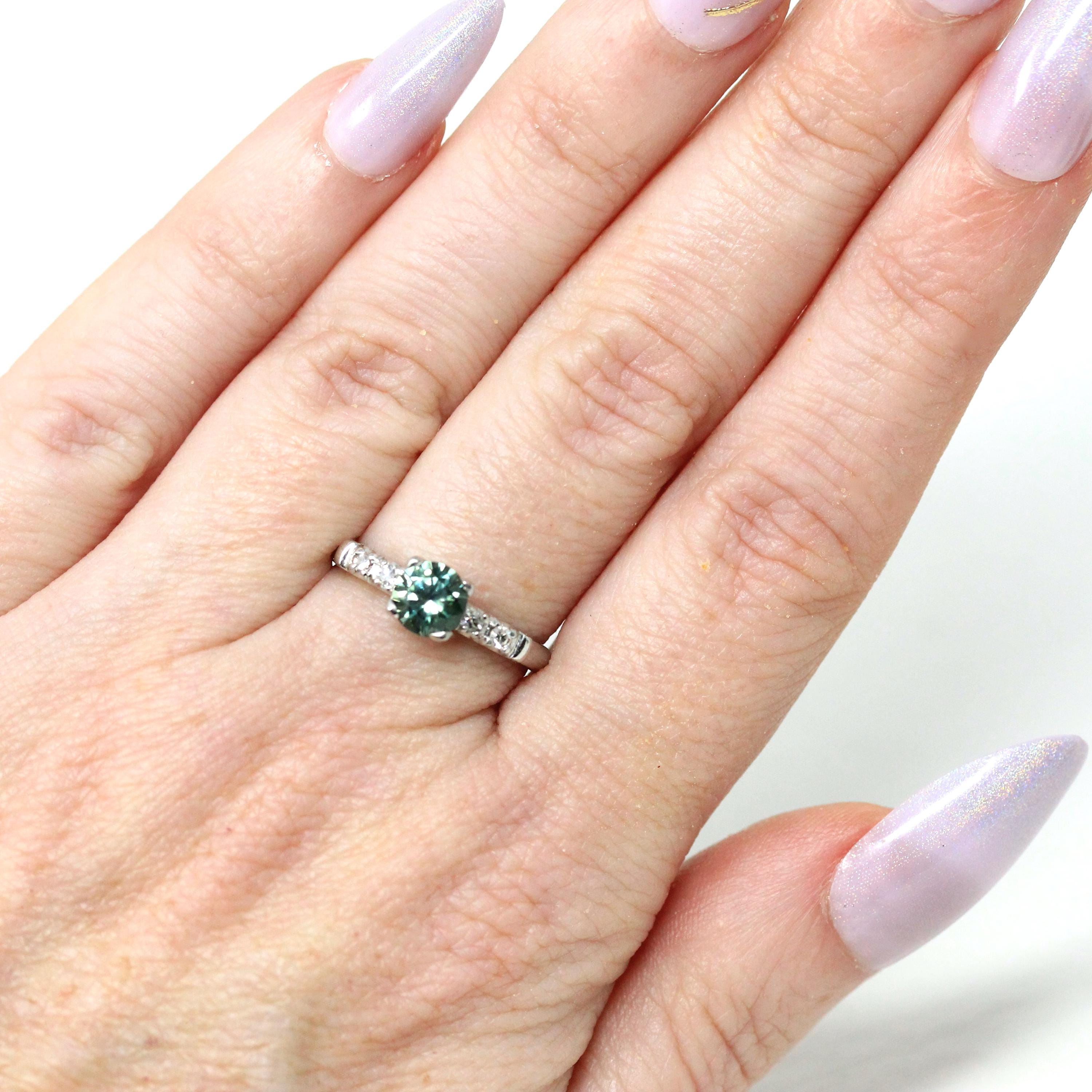 Montana Sapphire & Diamond Ring - Mid Century Platinum Alternative Engagement Natural Green Gemstone - Vintage 1950s Size 5 3/4 Fine Jewelry