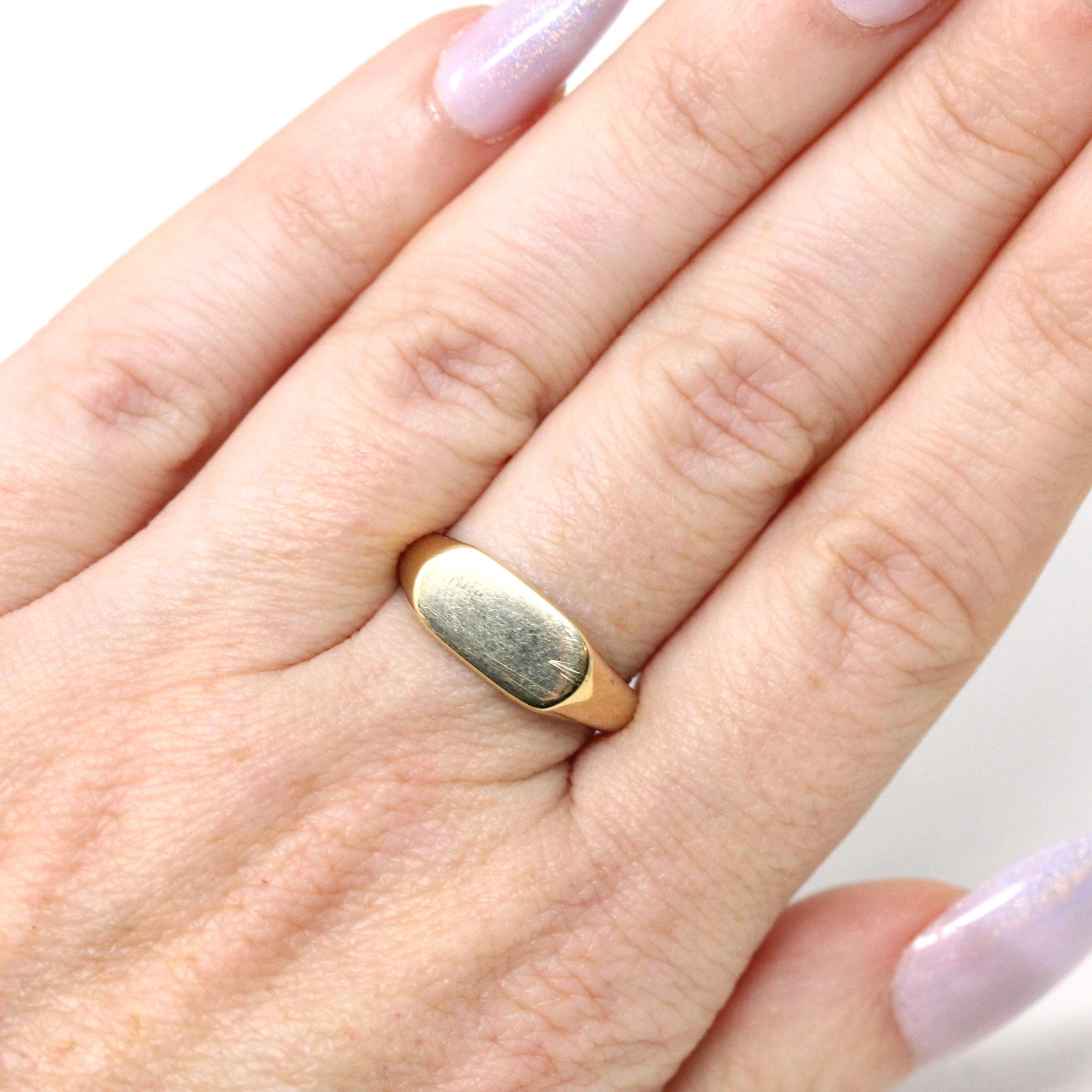 Blank Signet Ring - Estate 10k Yellow Gold Square Oval East West Personalize Engrave - Modern Circa 2000's Size 6 1/2 Initials Fine Jewelry