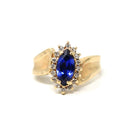 Marquise Halo Ring - Modern 14k Yellow Gold Created Sapphire Natural Diamond Gemstones - Estate Circa 1990s Size 6 Engagement Fine Jewelry
