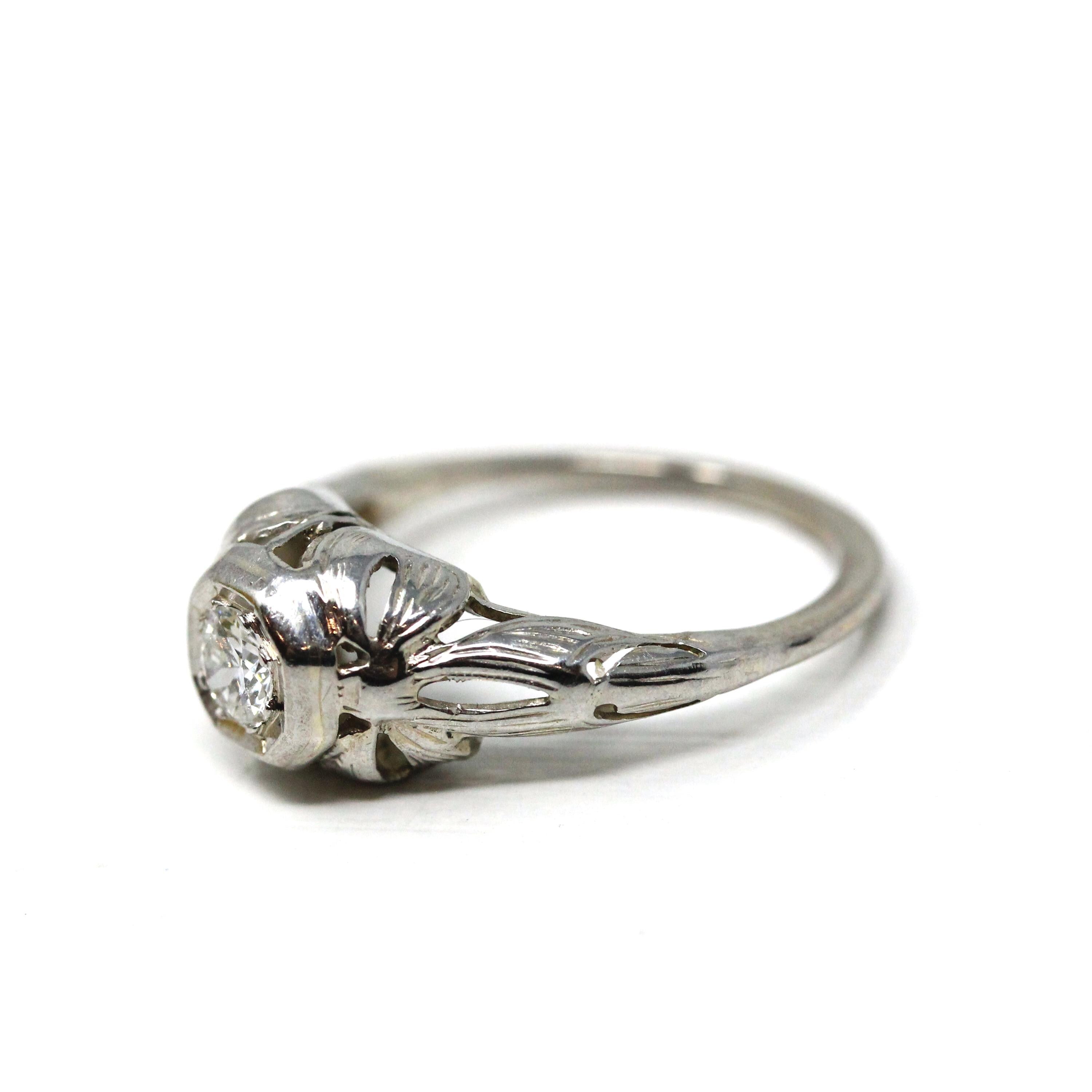 Art Deco Diamond Ring - Vintage 14k White Gold .19 CT Round Natural Gemstone - Circa 1930s Era Size 5.5 Engagement Bow Filigree Fine Jewelry