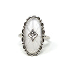 Rock Crystal Quartz Ring - Vintage 10k White Gold Natural Diamond Statement - Mid Century 1950s Size 6 1/4 Clear Frosted Oval Fine Jewelry