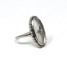 Rock Crystal Quartz Ring - Vintage 10k White Gold Natural Diamond Statement - Mid Century 1950s Size 6 1/4 Clear Frosted Oval Fine Jewelry