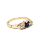 Modern Three Stone Ring - Estate 9k Yellow Gold Created Blue Sapphire & White Spinel Gemstones - Hallmarked 1989 Size 7 3/4 Fine 80s Jewelry