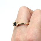 Modern Three Stone Ring - Estate 9k Yellow Gold Created Blue Sapphire & White Spinel Gemstones - Hallmarked 1989 Size 7 3/4 Fine 80s Jewelry