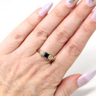 Modern Three Stone Ring - Estate 9k Yellow Gold Created Blue Sapphire & White Spinel Gemstones - Hallmarked 1989 Size 7 3/4 Fine 80s Jewelry