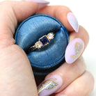 Modern Three Stone Ring - Estate 9k Yellow Gold Created Blue Sapphire & White Spinel Gemstones - Hallmarked 1989 Size 7 3/4 Fine 80s Jewelry