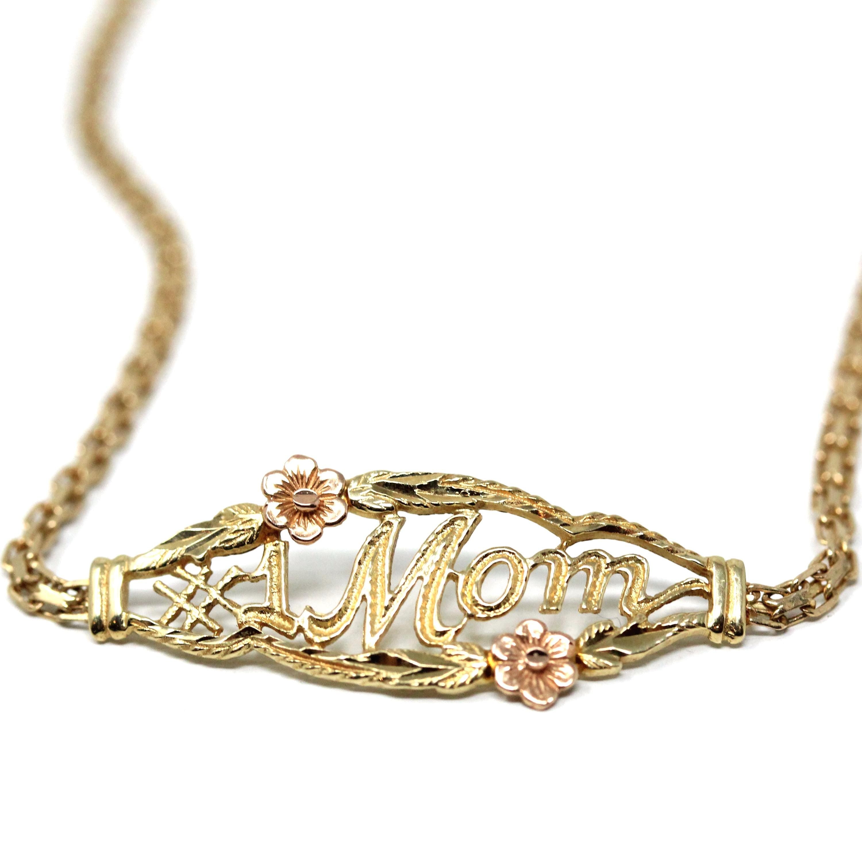 Modern "#1 Mom" Bracelet - Estate 14k Yellow Rose Two Tone Gold Floral Flower Chain Spring Ring Clasp 7 Inches - Circa 2000s Fine Jewelry