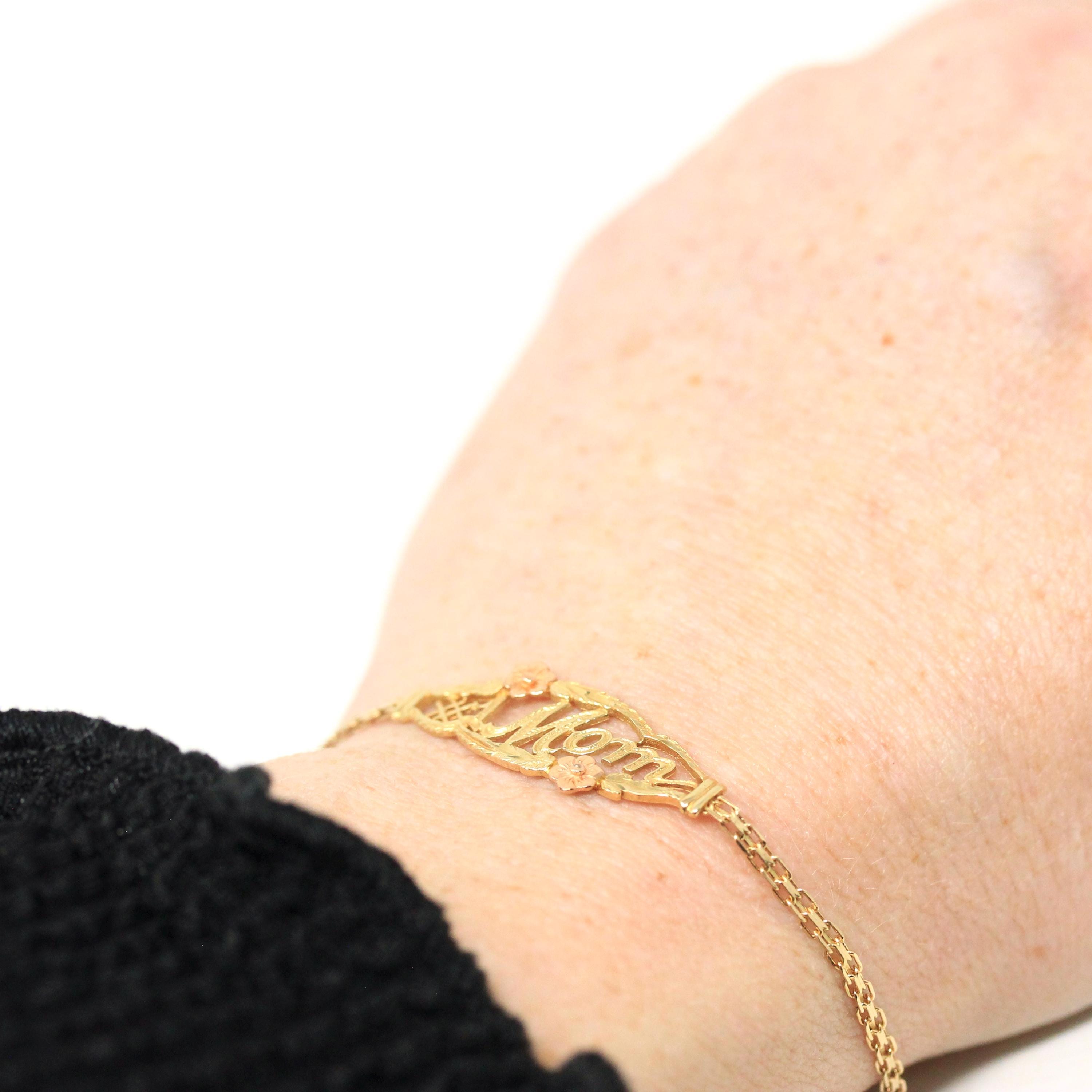 Modern "#1 Mom" Bracelet - Estate 14k Yellow Rose Two Tone Gold Floral Flower Chain Spring Ring Clasp 7 Inches - Circa 2000s Fine Jewelry