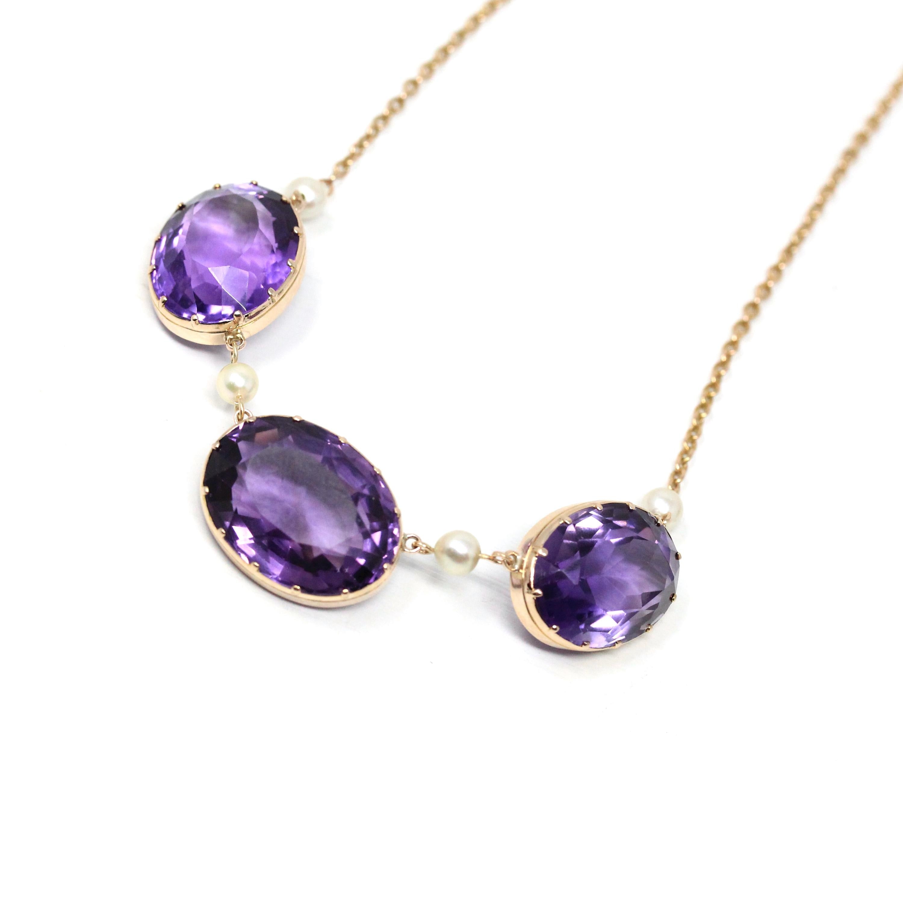 Antique Amethyst Necklace - Vintage 9k Rose Gold Natural Faceted Purple Gemstone Cultured Pearl Necklace - Victorian Era 1890s Fine Jewelry
