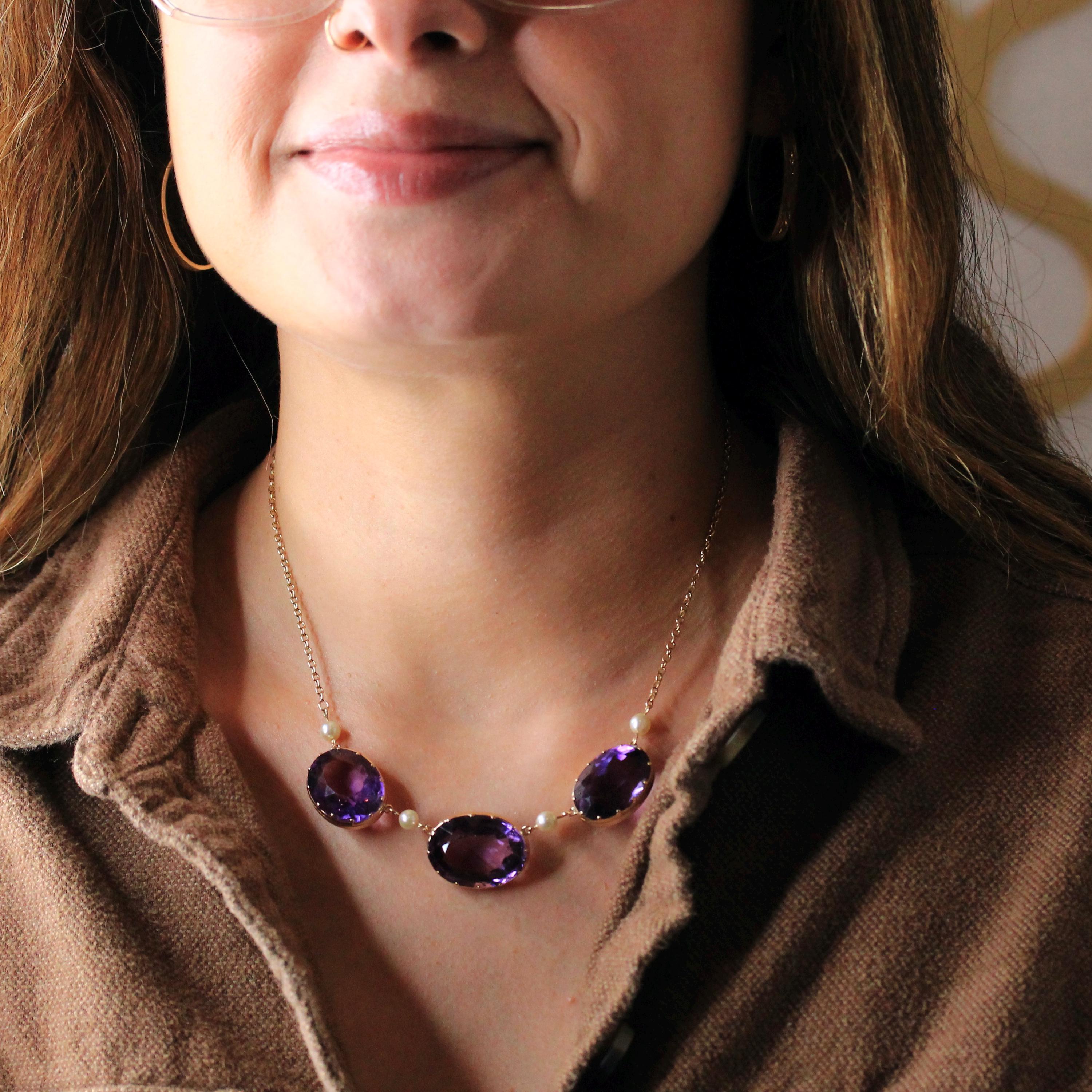 Antique Amethyst Necklace - Vintage 9k Rose Gold Natural Faceted Purple Gemstone Cultured Pearl Necklace - Victorian Era 1890s Fine Jewelry