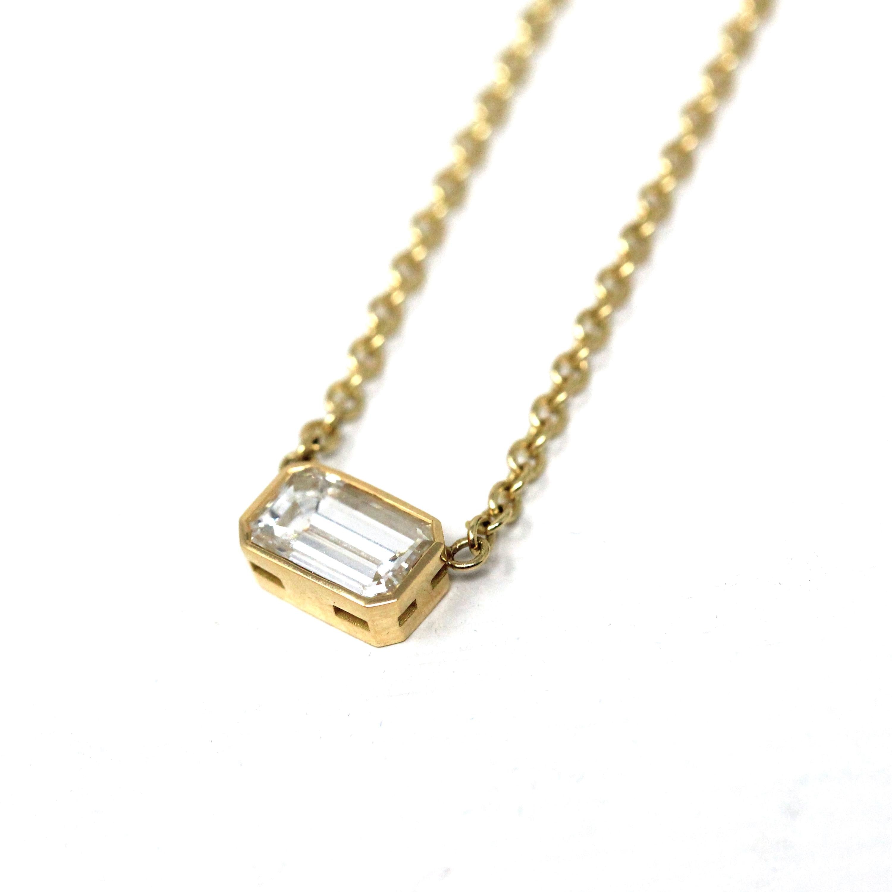 Emerald Cut Diamond Necklace - Modern 18k Yellow Gold Bezel Set Natural Genuine East West Station Pendant - Contemporary Charm Fine Jewelry