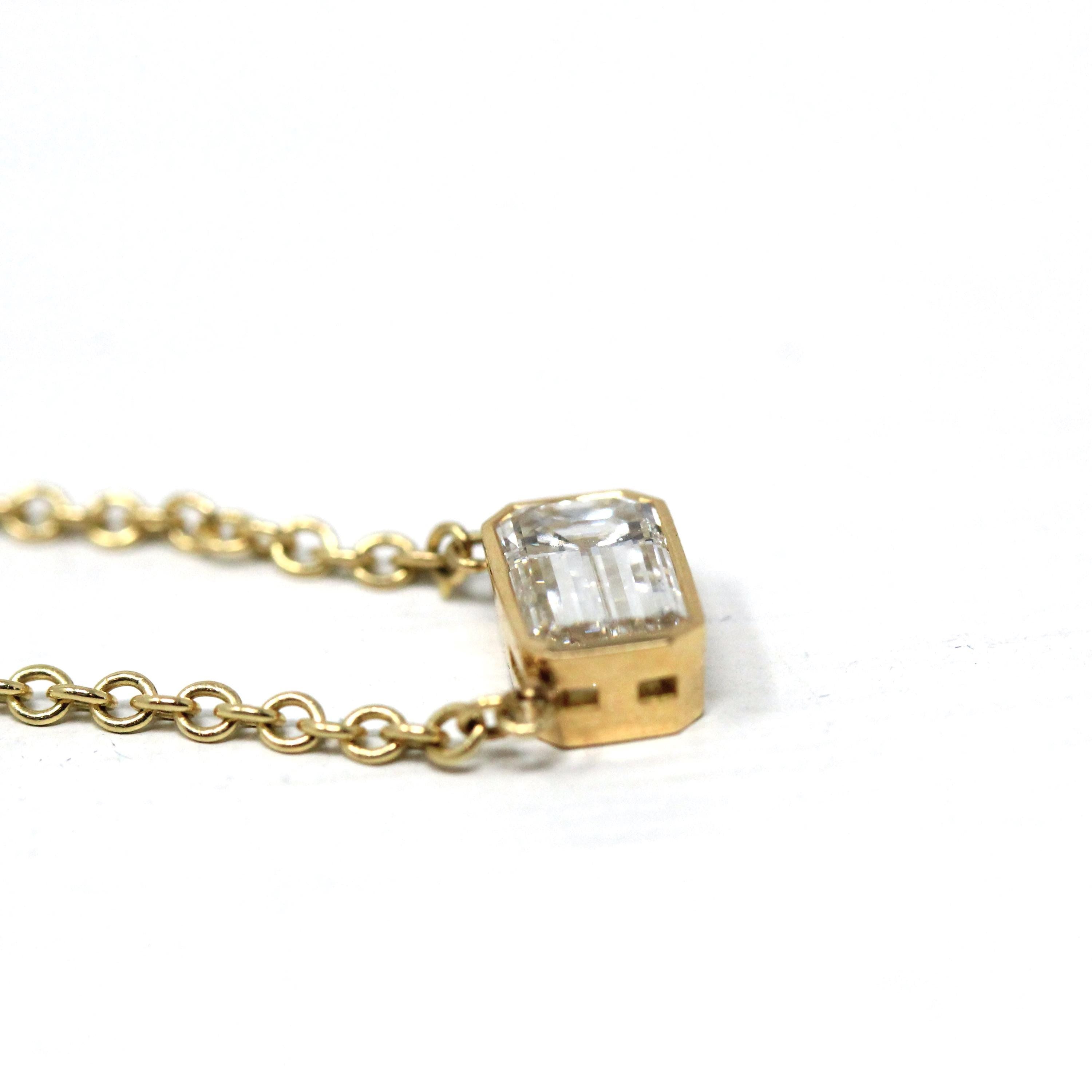 Emerald Cut Diamond Necklace - Modern 18k Yellow Gold Bezel Set Natural Genuine East West Station Pendant - Contemporary Charm Fine Jewelry