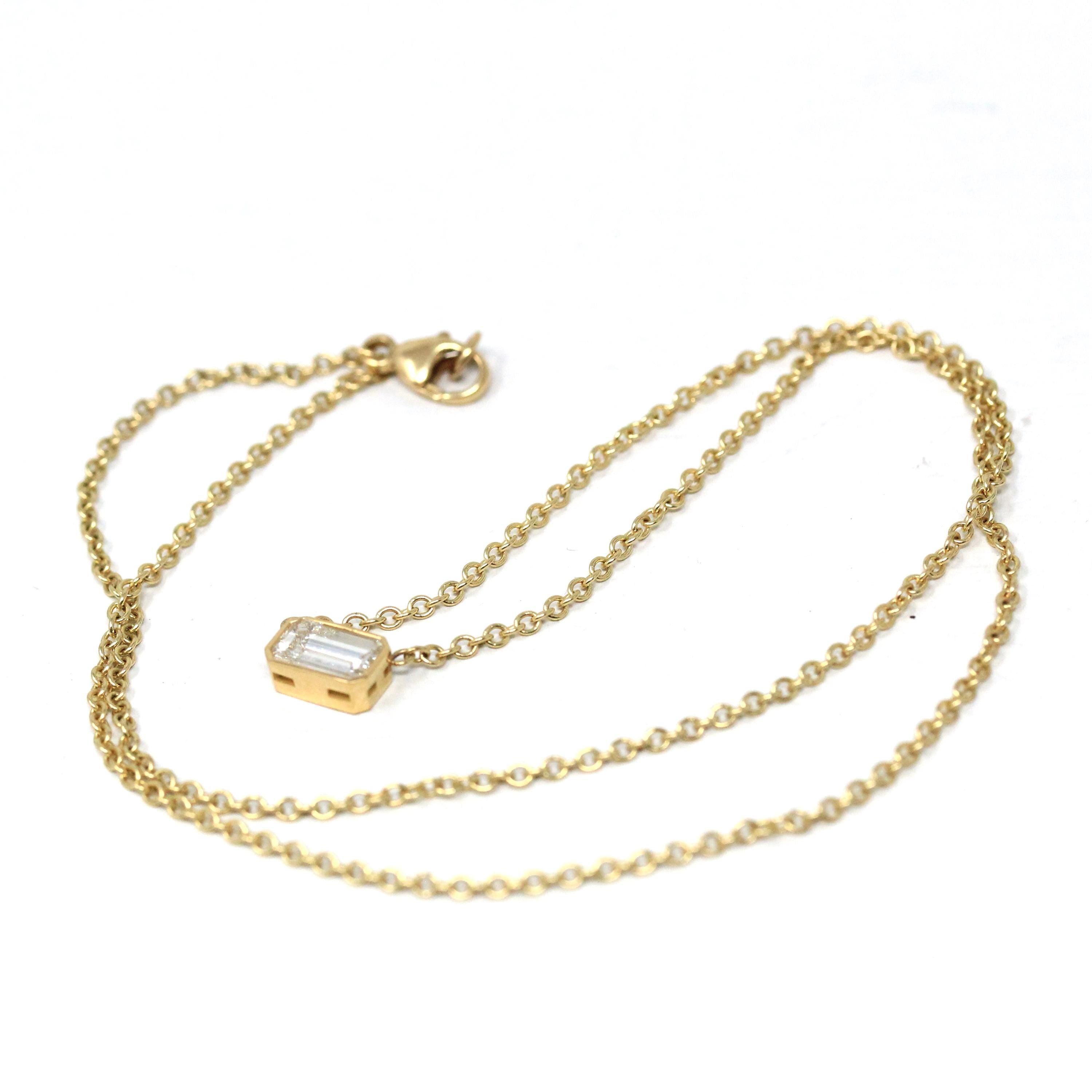 Emerald Cut Diamond Necklace - Modern 18k Yellow Gold Bezel Set Natural Genuine East West Station Pendant - Contemporary Charm Fine Jewelry