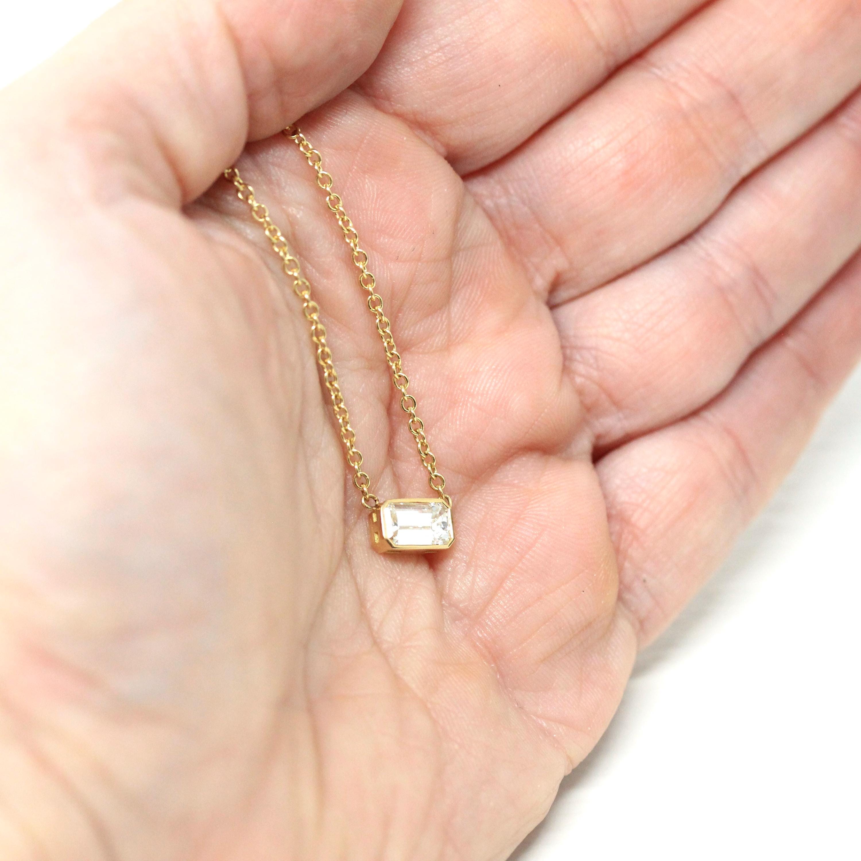 Emerald Cut Diamond Necklace - Modern 18k Yellow Gold Bezel Set Natural Genuine East West Station Pendant - Contemporary Charm Fine Jewelry