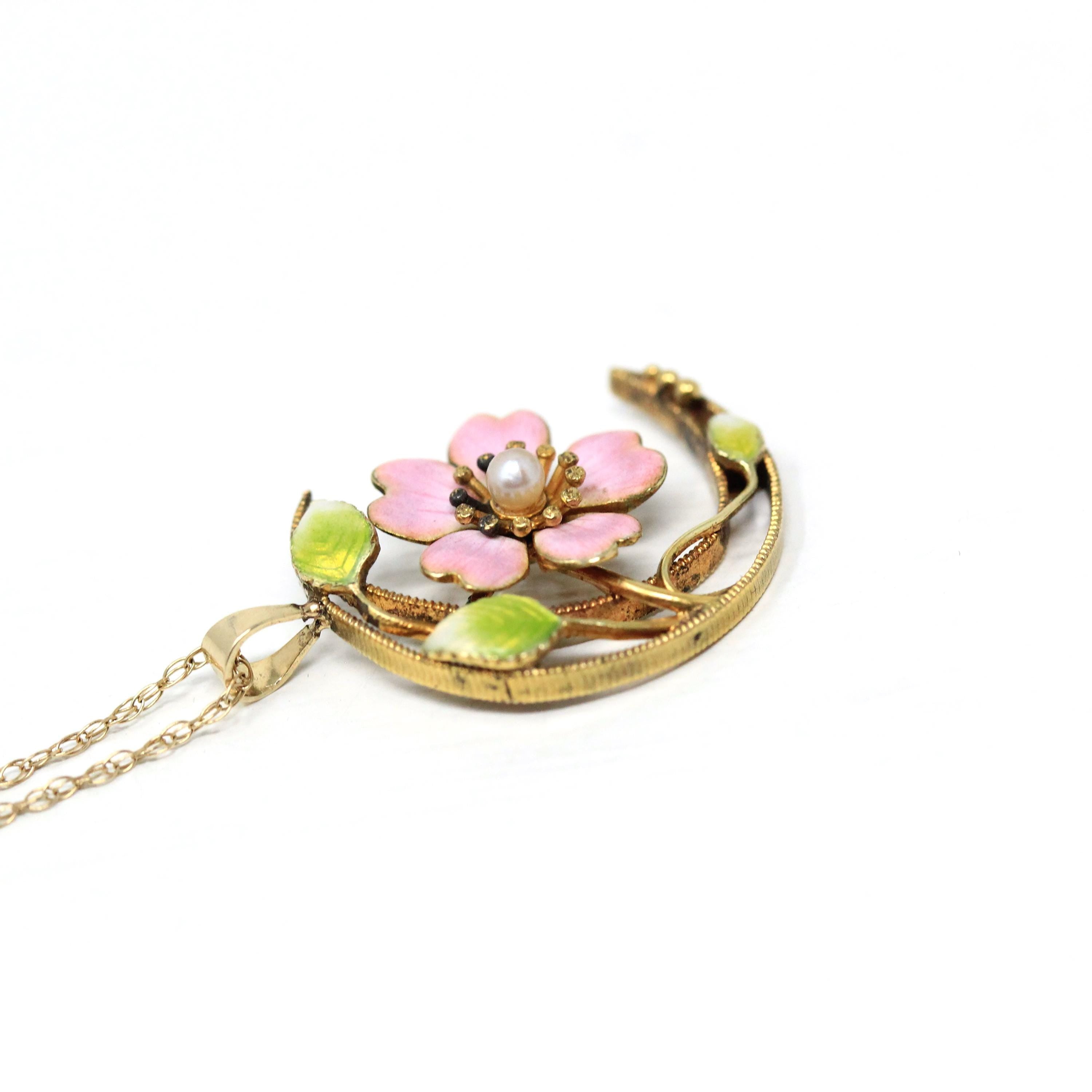 Crescent Moon Pendant - Edwardian 14k Yellow Gold Pink Green Enamel & Cultured Pearl Necklace - Antique Circa 1910s Era Blossom Fine Jewelry