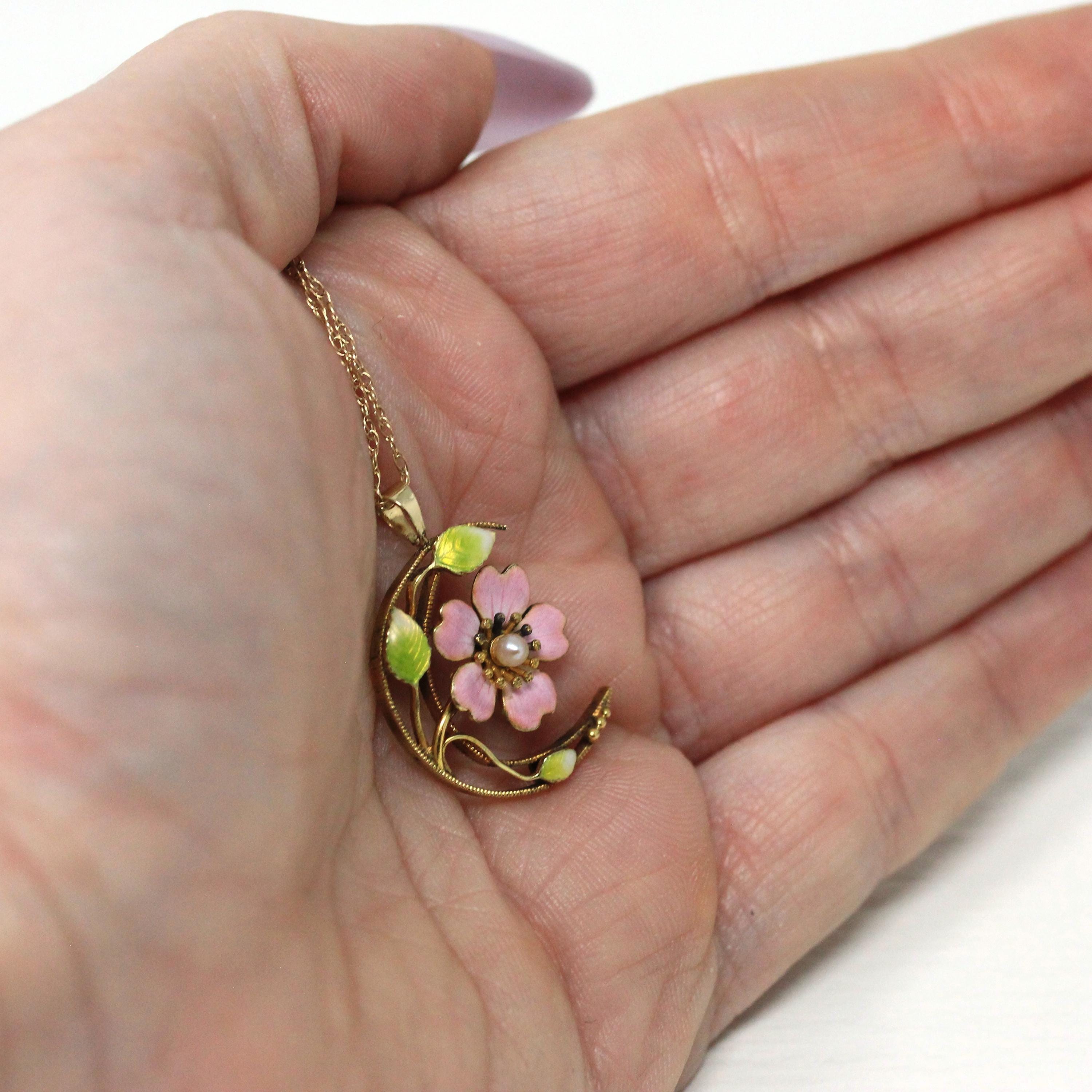 Crescent Moon Pendant - Edwardian 14k Yellow Gold Pink Green Enamel & Cultured Pearl Necklace - Antique Circa 1910s Era Blossom Fine Jewelry