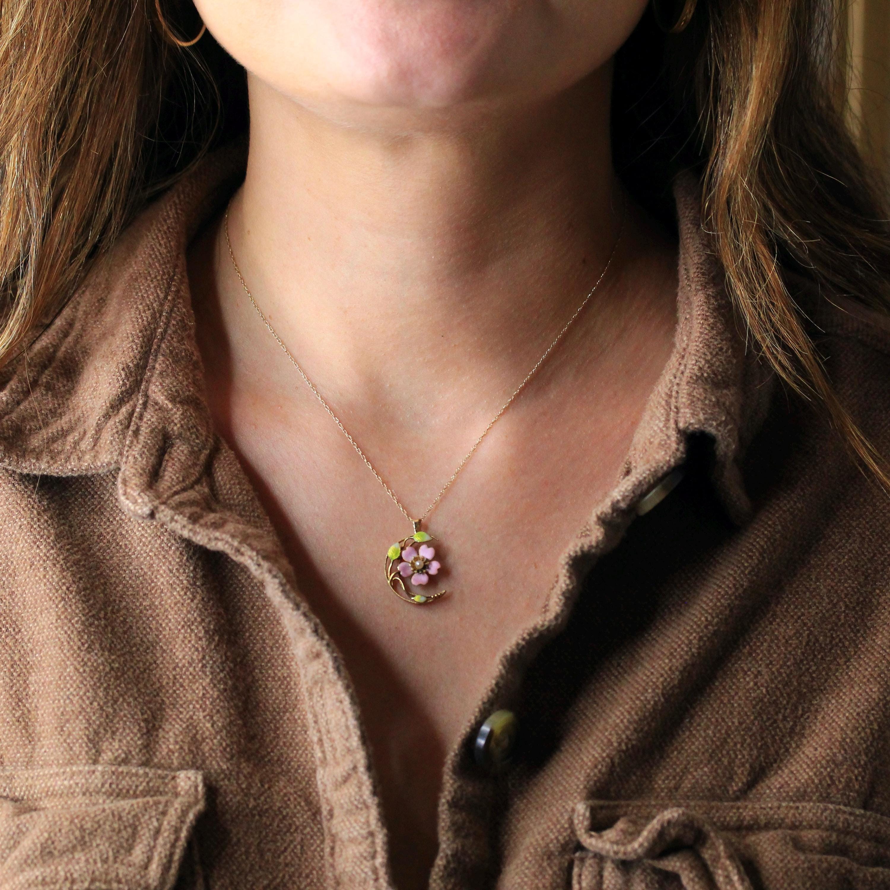 Crescent Moon Pendant - Edwardian 14k Yellow Gold Pink Green Enamel & Cultured Pearl Necklace - Antique Circa 1910s Era Blossom Fine Jewelry