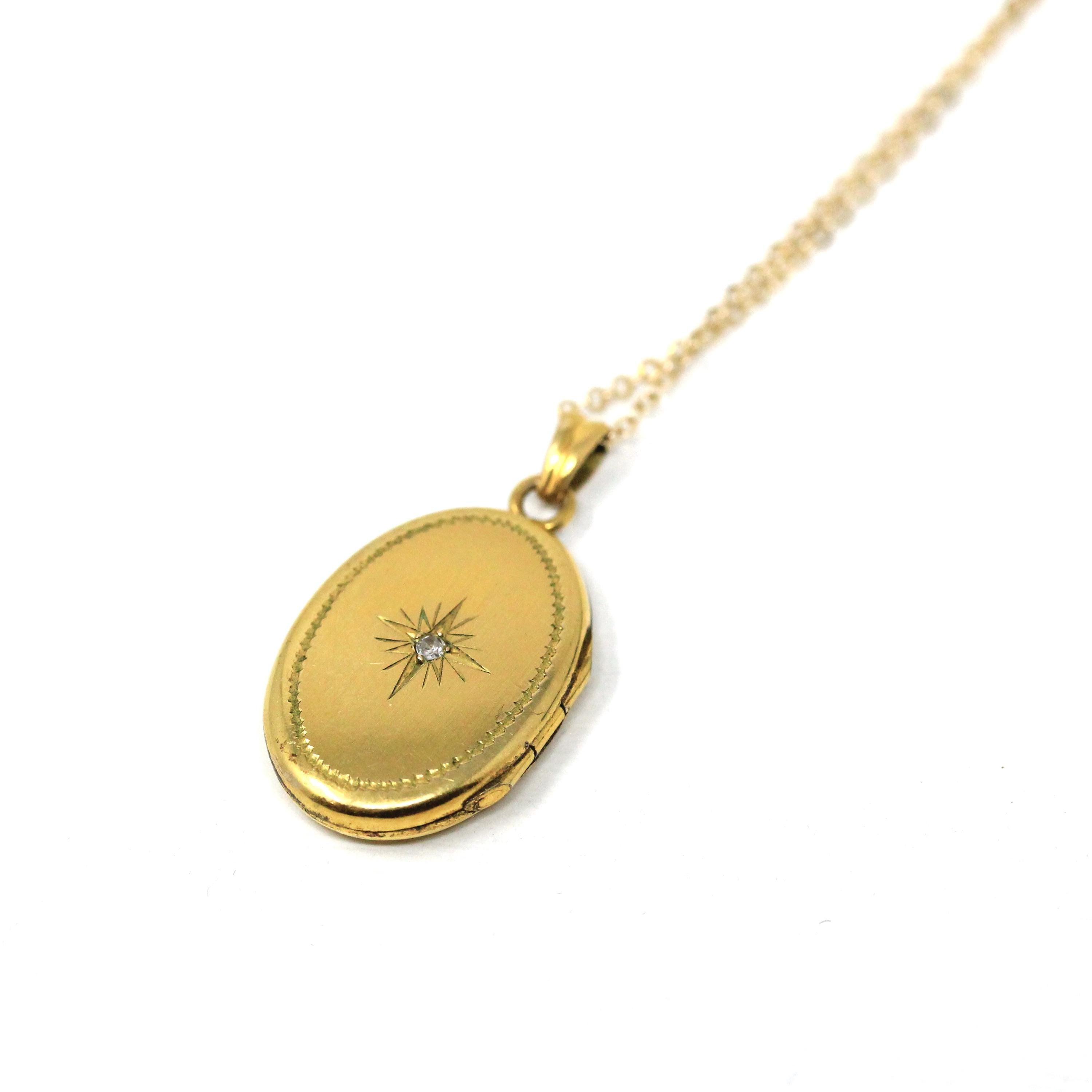 Star Diamond Locket - Retro 12k Gold Filled Oval Celestial Natural Gemstone Pendant Necklace - Vintage Circa 1940s Era Hayward 40s Jewelry